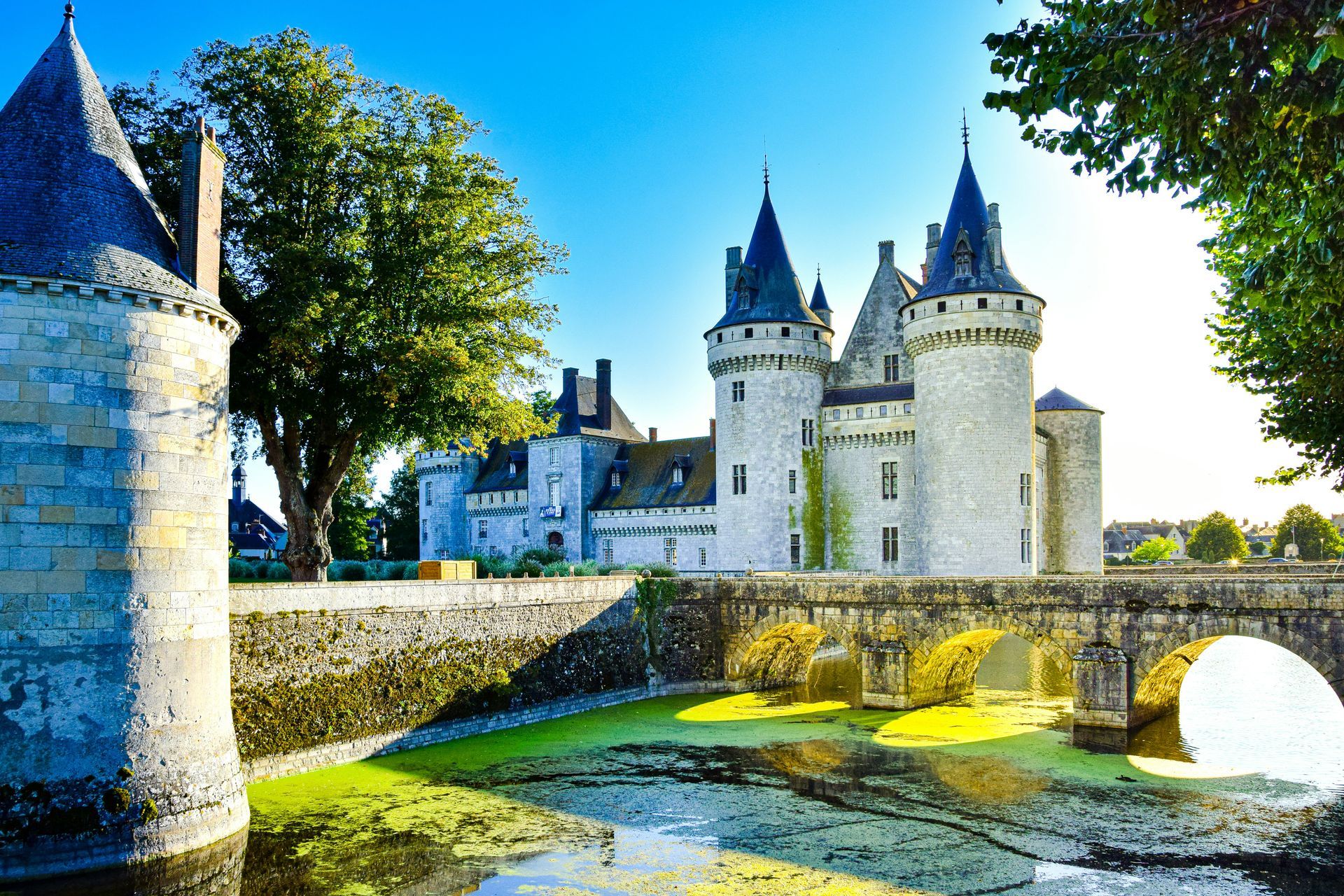 The Castillo de Sully-sur-Loire is surrounded by trees and a bridge over a body of water in France.
