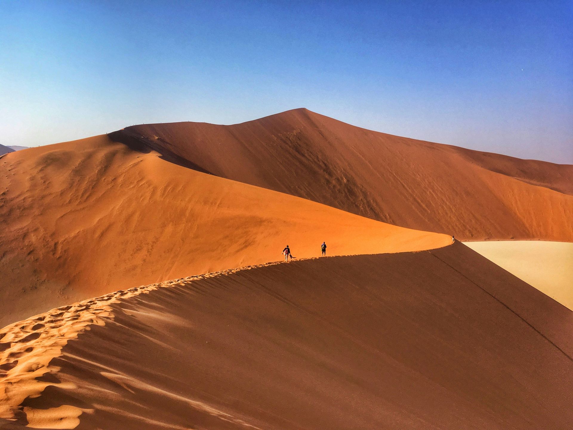 Two people walk along a desert sand dune in warm sunlight in the Namib Desert, Namibia.