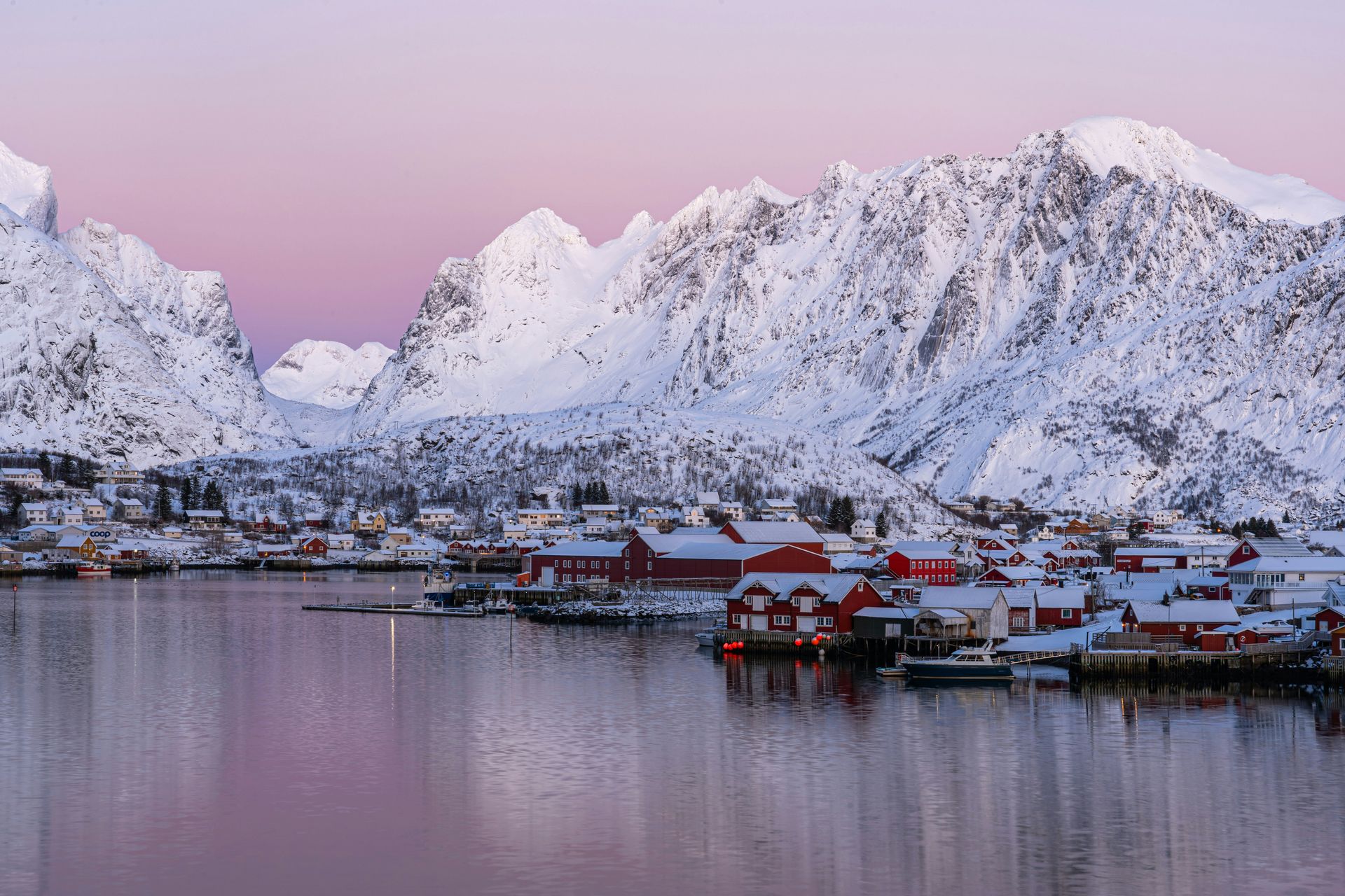 Snowy mountains rise above the village of Lofoten, Norway, with red houses on a calm body of water. Pink and purple sky.