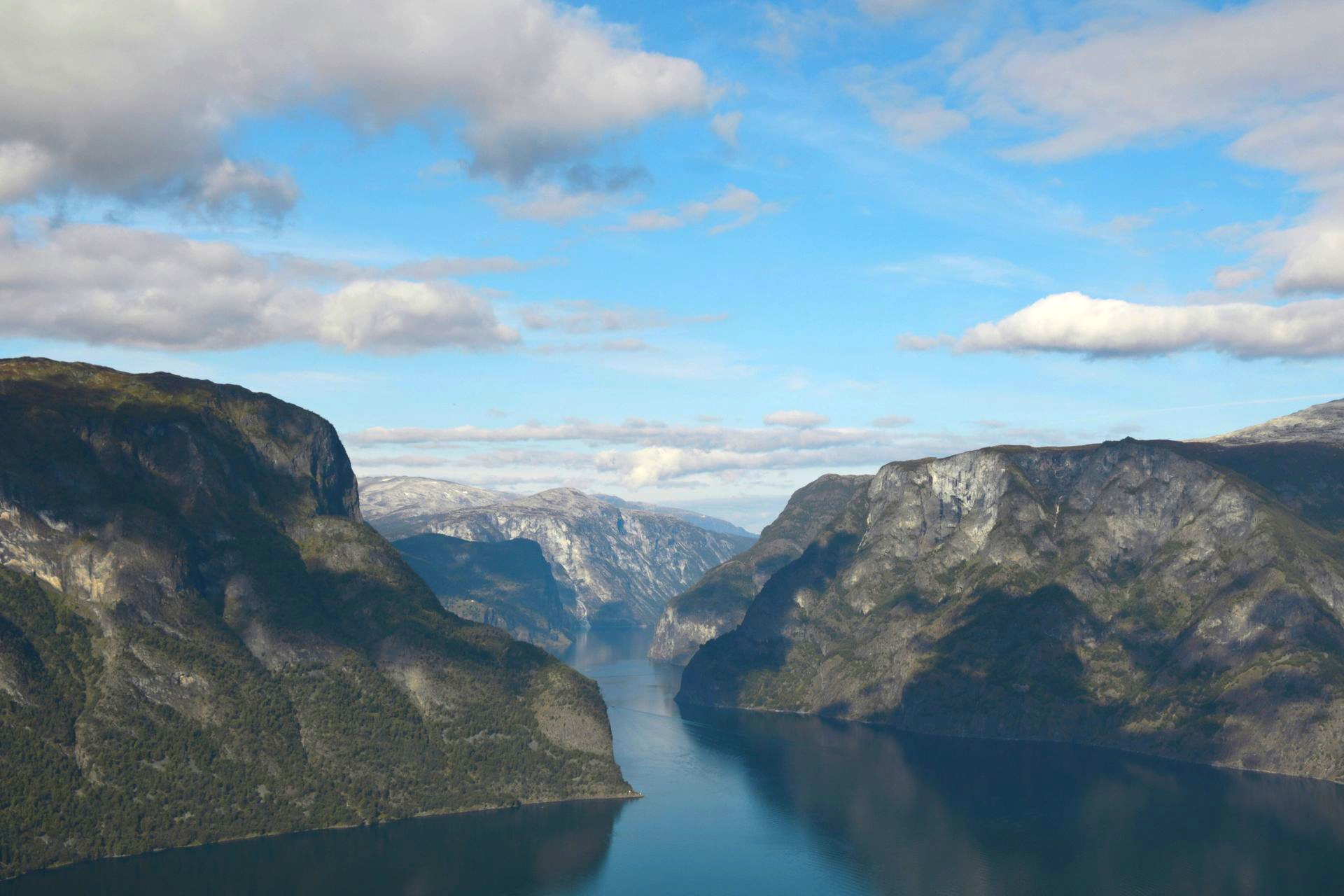 Sognefjord in Norway, flanked by steep, forested cliffs under a blue sky with fluffy clouds.