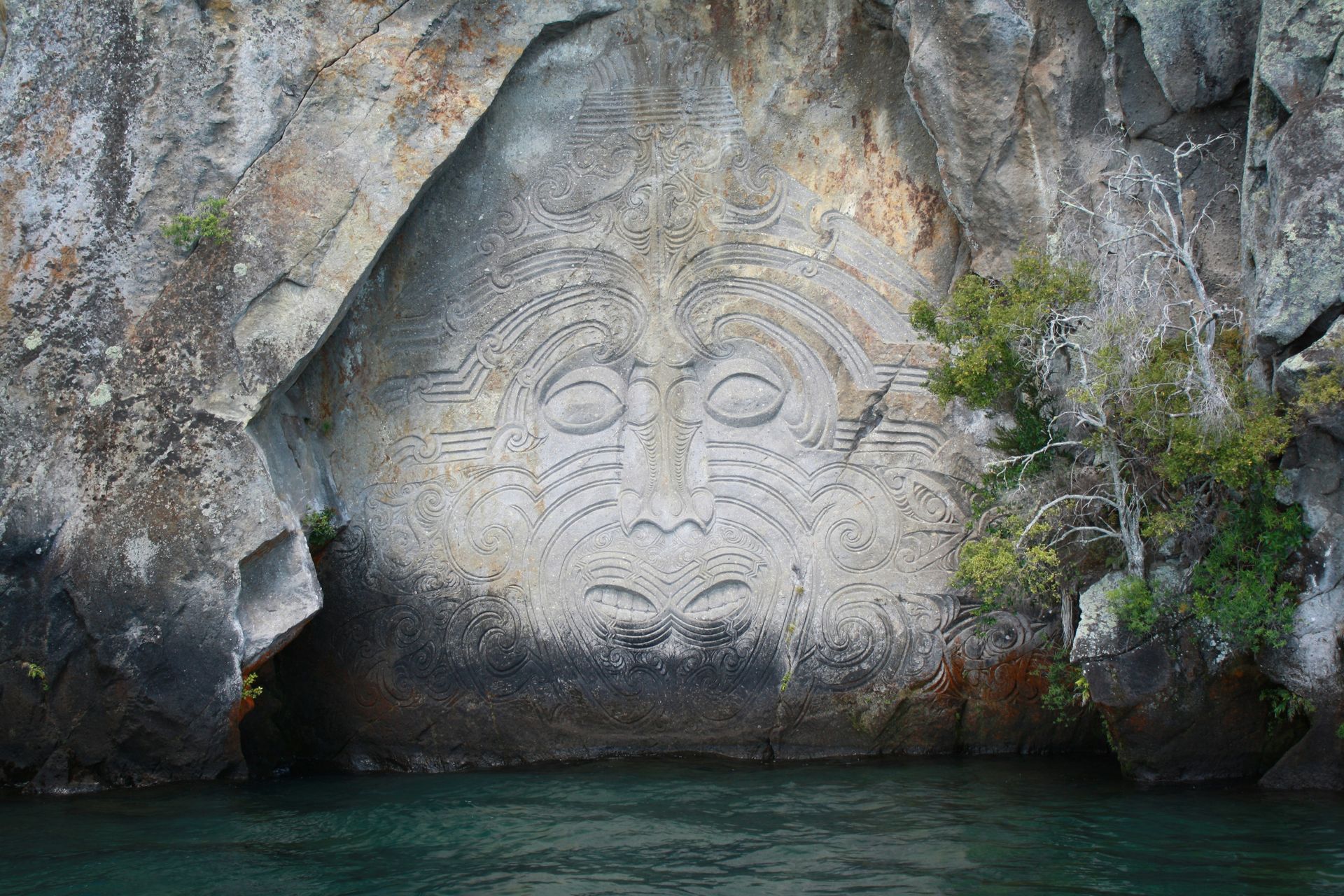 There is a carving of a face on a rock near the water in New Zealand.