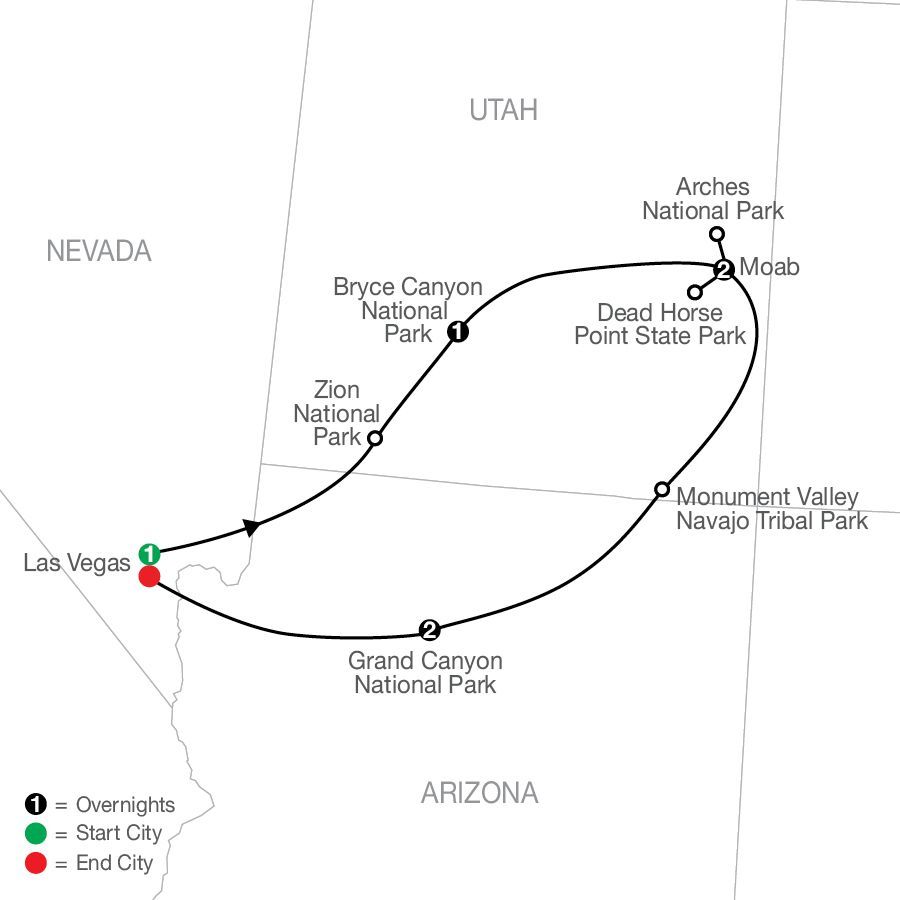 A map of nevada and arizona showing the route of the grand canyon national park.