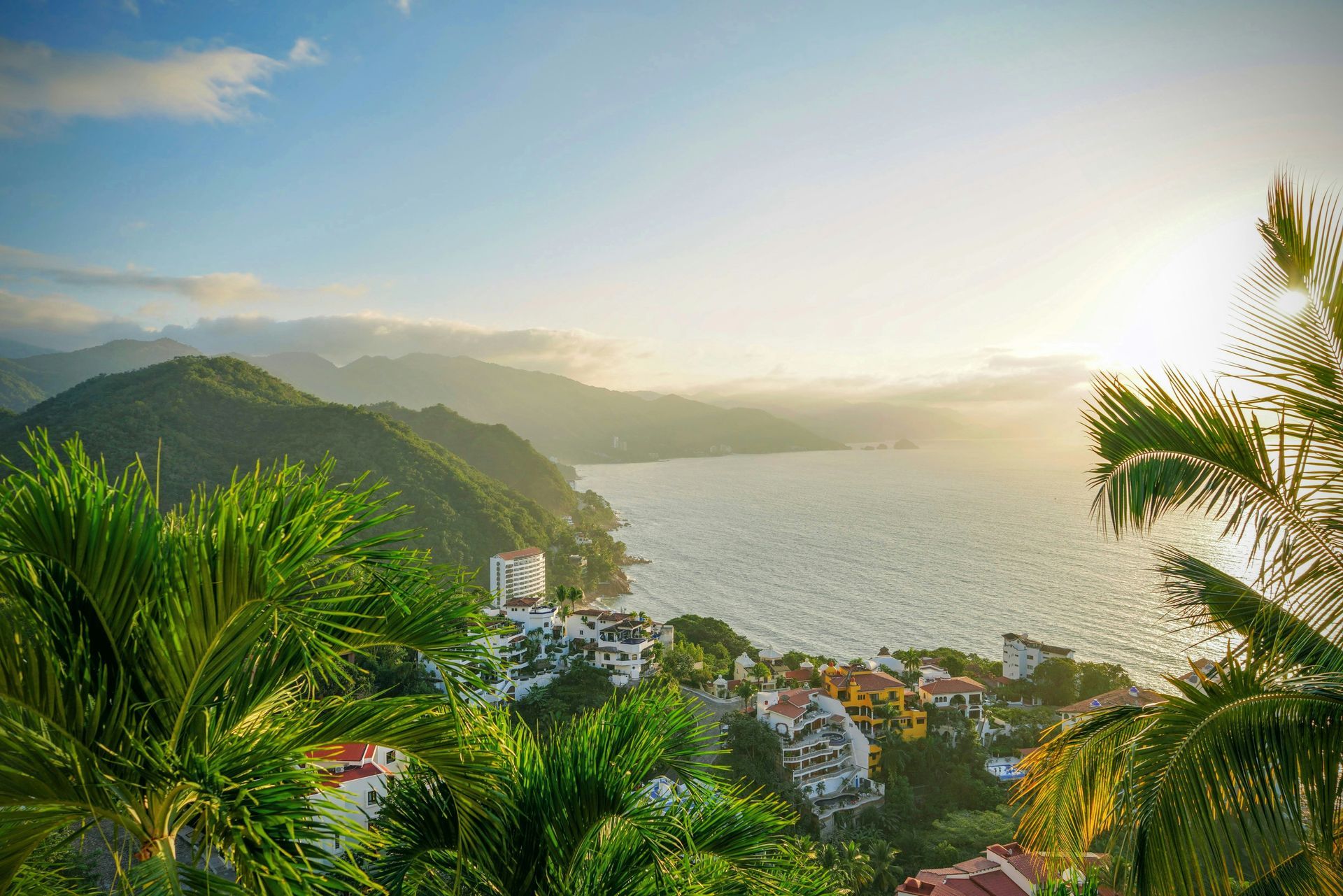 Coastal view with palm trees framing a calm bay, with buildings nestled among green hills in Puerto Vallarta, Mexico.