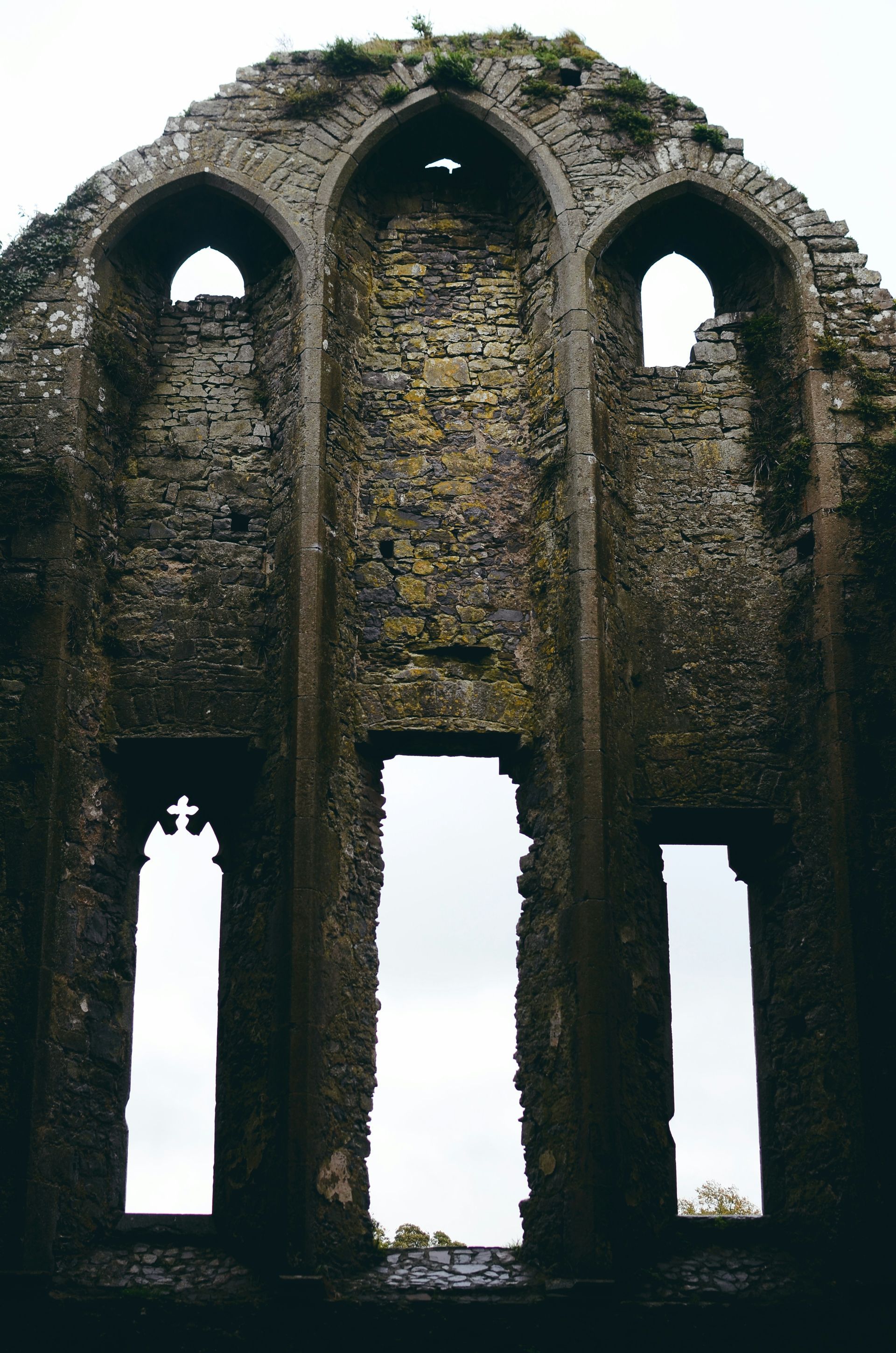 Ruined stone building interior with arched windows overlooking a cloudy sky at the Rock of Cashel, Ireland.