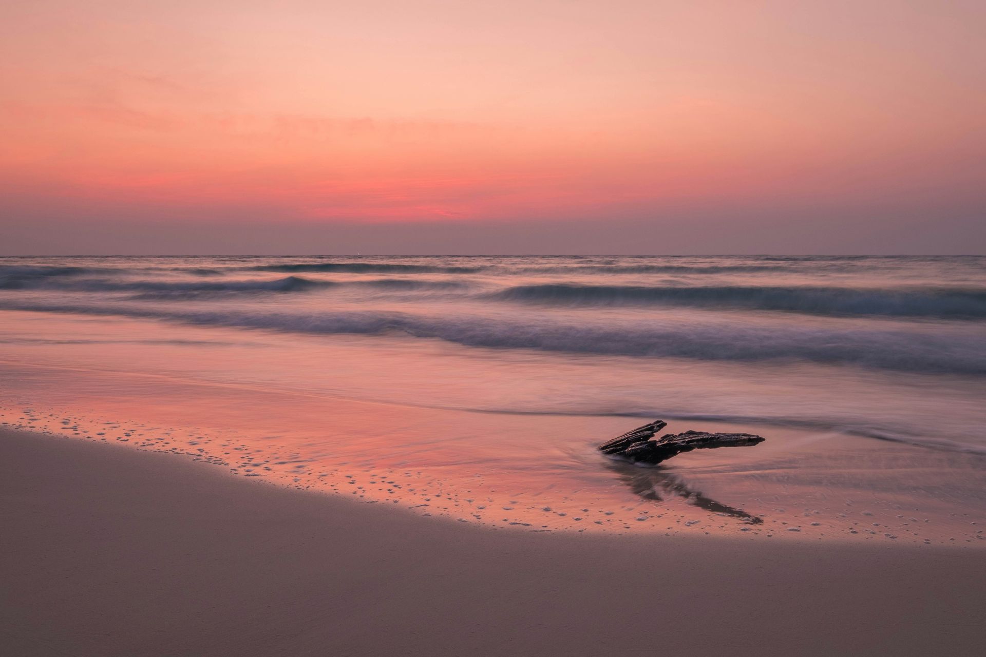 Pink sunset over a beach with gentle waves and a piece of driftwood in Koh Rong, Cambodia.