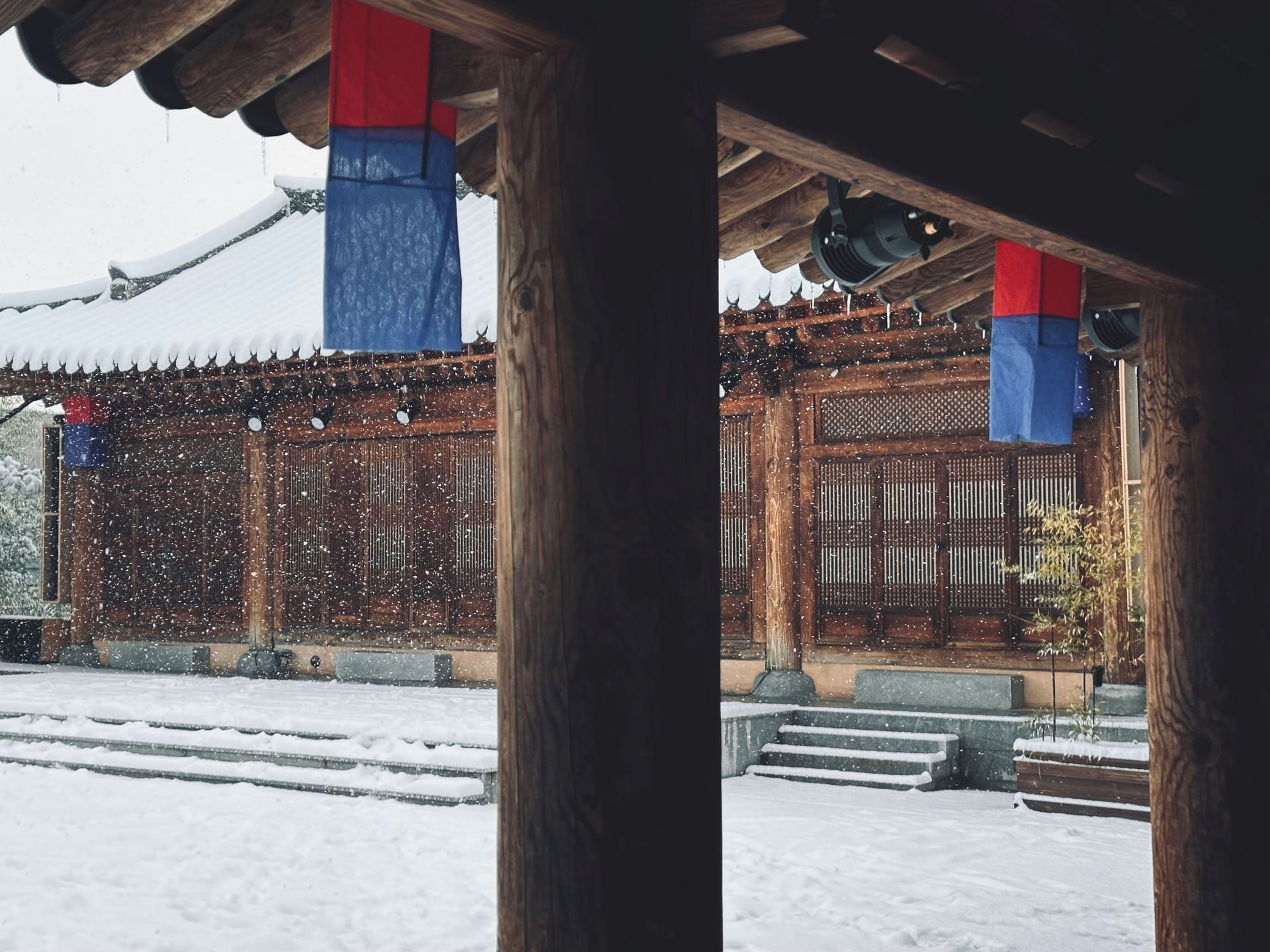 Snow falls on a traditional wooden building with colorful lanterns in Jeonju Hanok, South Korea.