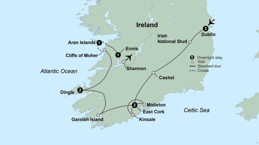 A map of ireland showing the atlantic ocean and the celtic sea