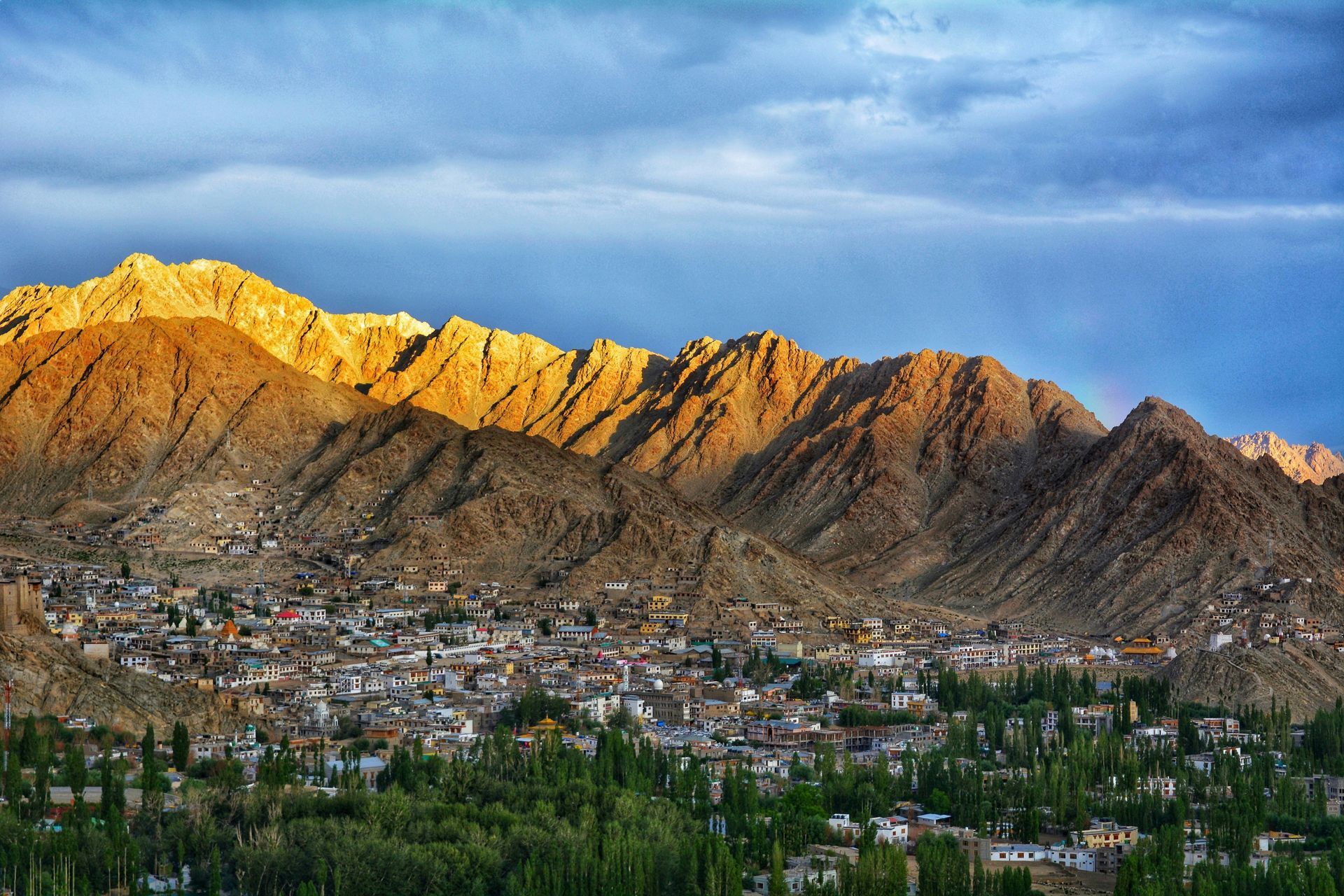Town nestled between brown mountains, trees in the foreground, illuminated mountains in Ladakh, India.