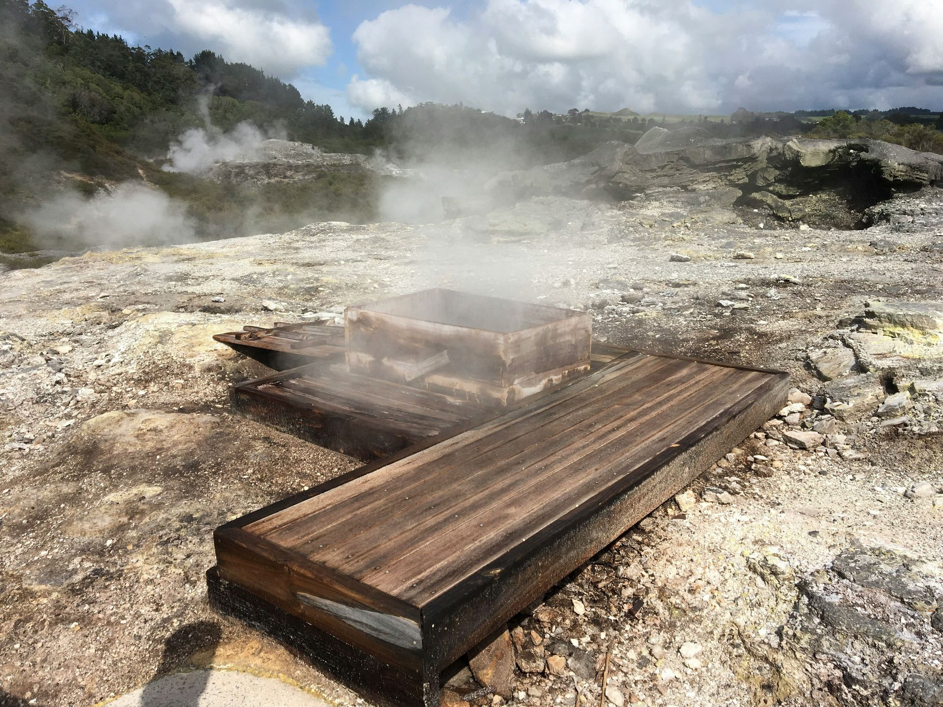 Steam is coming out of a hole in the ground in Rotorua, New Zealand.
