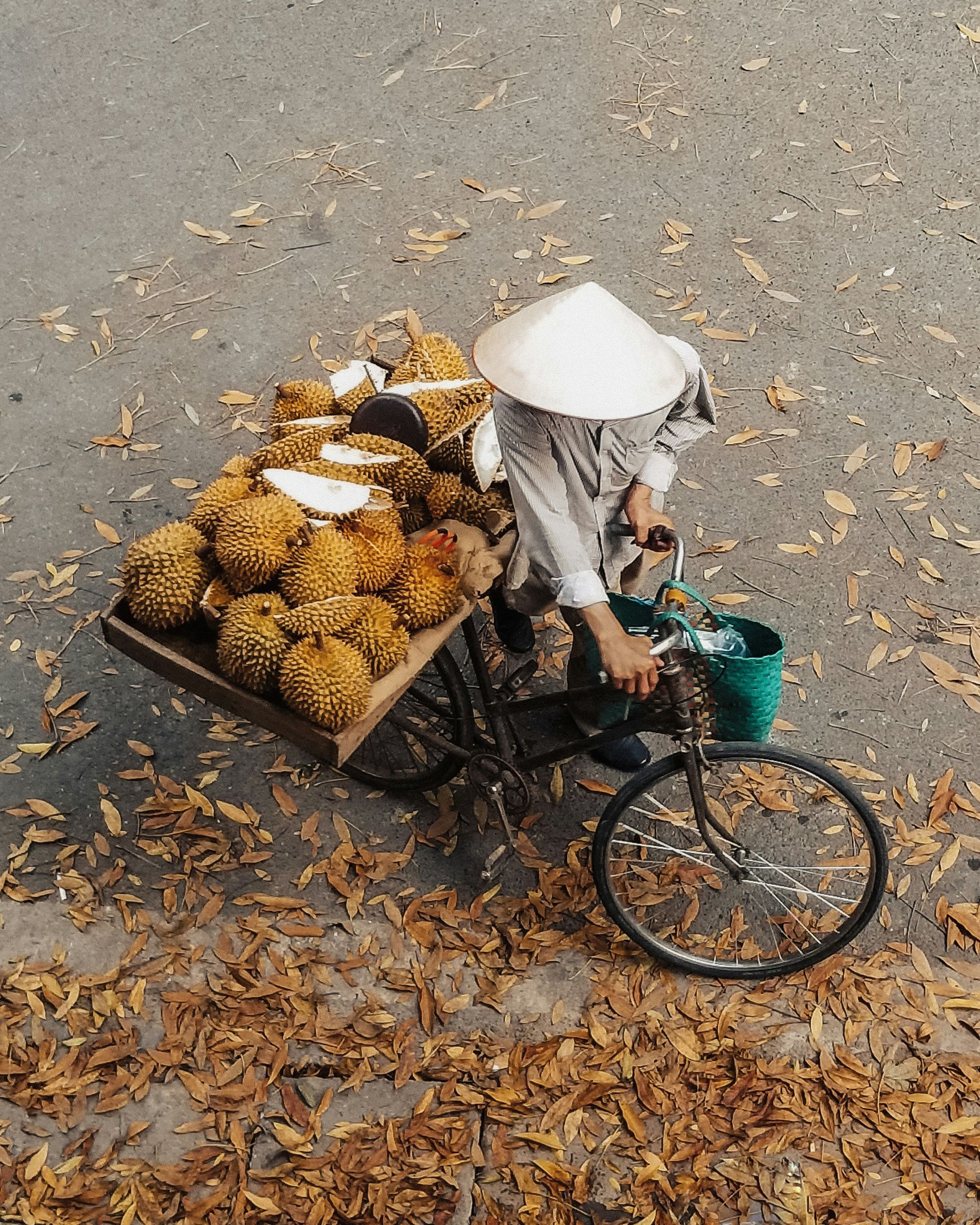 Person with conical hat on bicycle, selling food from a cart on a leaf-strewn street in Hanoi, Vietnam.