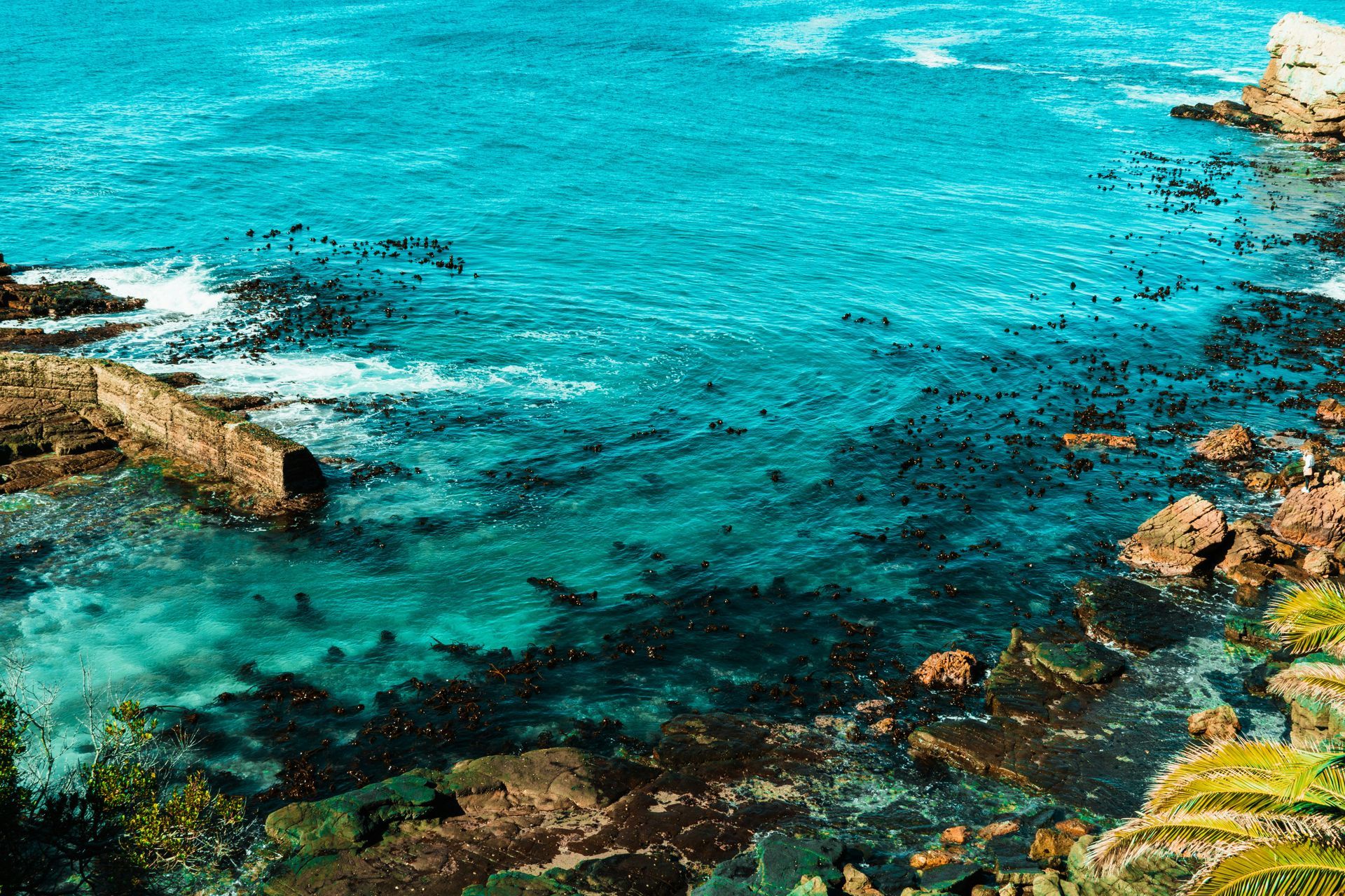 Turquoise ocean waves crashing on rocky cliffs, with a concrete structure in Hermanus, South Africa.