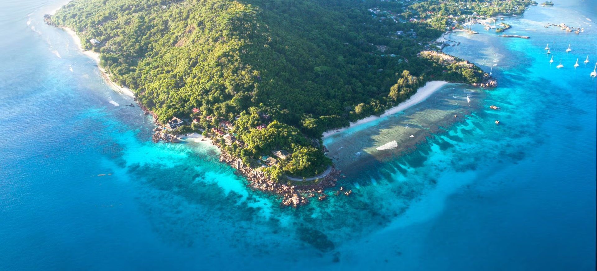 An aerial view of a small island in the middle of the ocean in Africa.