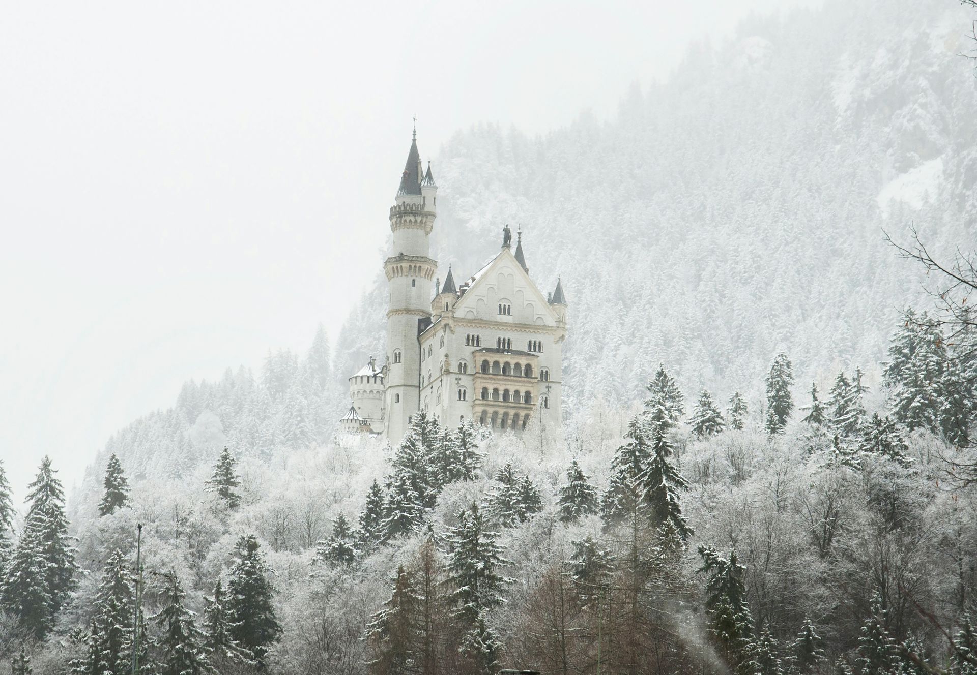 Neuschwanstein Castle, white against a snowy mountainside, trees covered in snow.