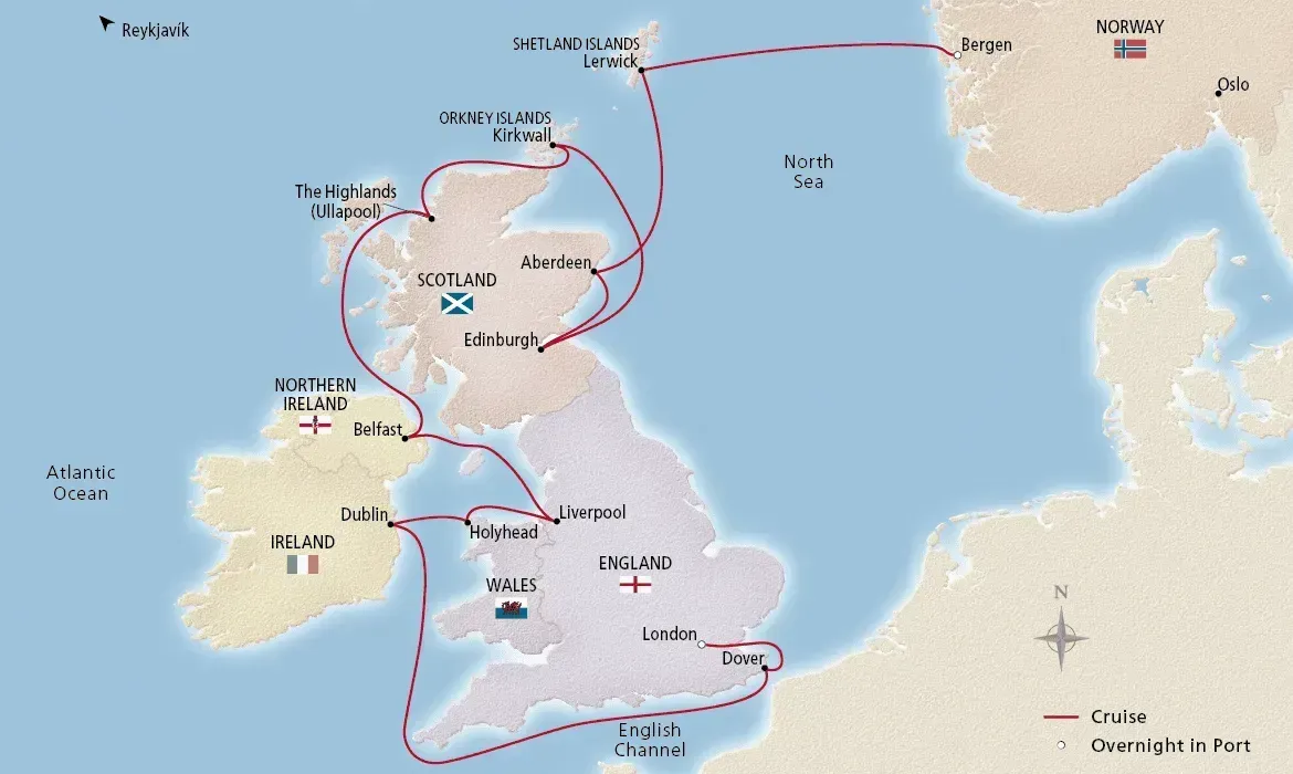 A map showing the route of Viking Cruises' British Isles Explorer cruise.