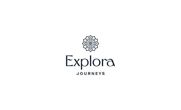 A logo for Explora Journeys with a flower on a white background.