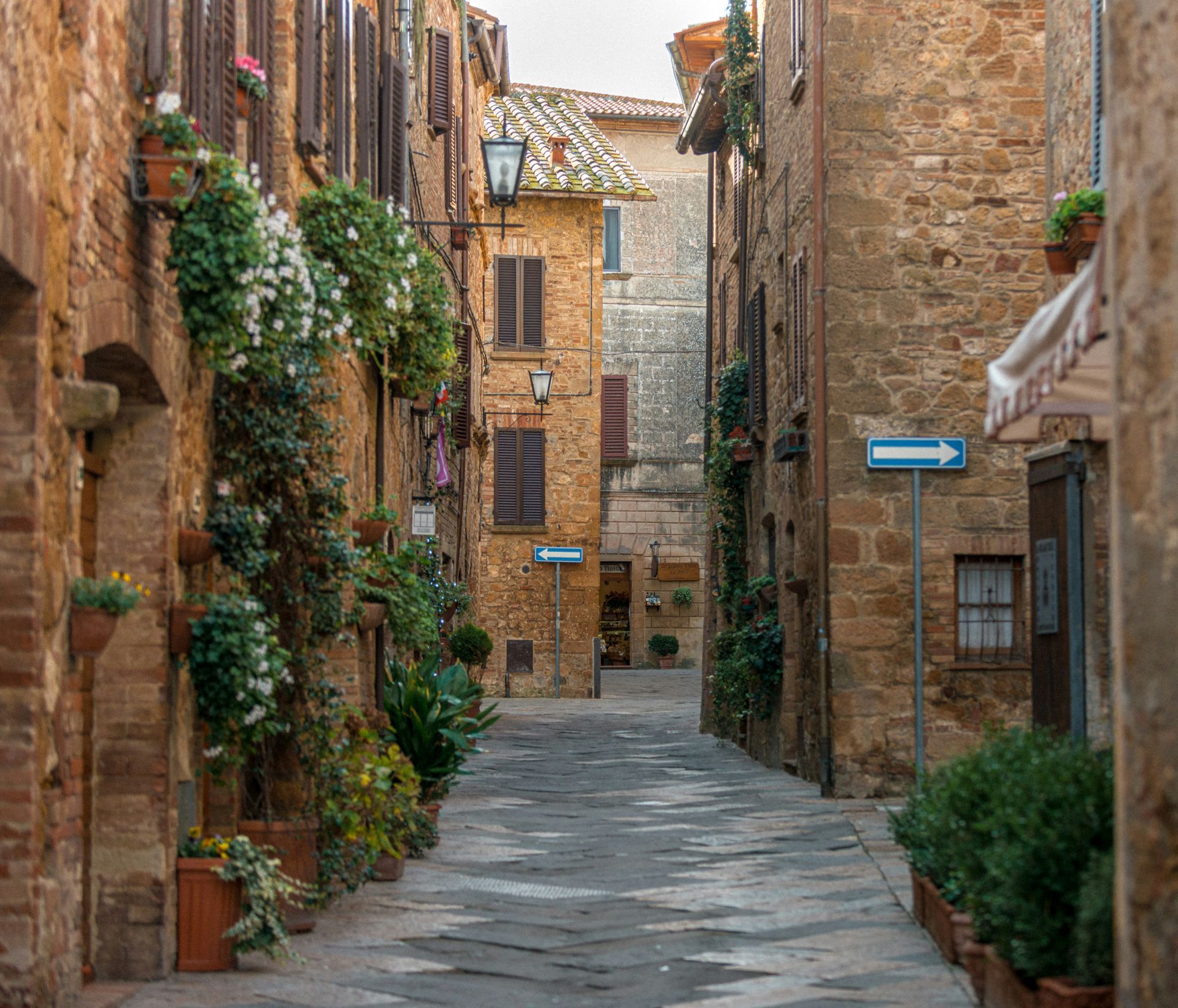 A narrow alleyway between two brick buildings with potted plants on the side in Siena, Italy.