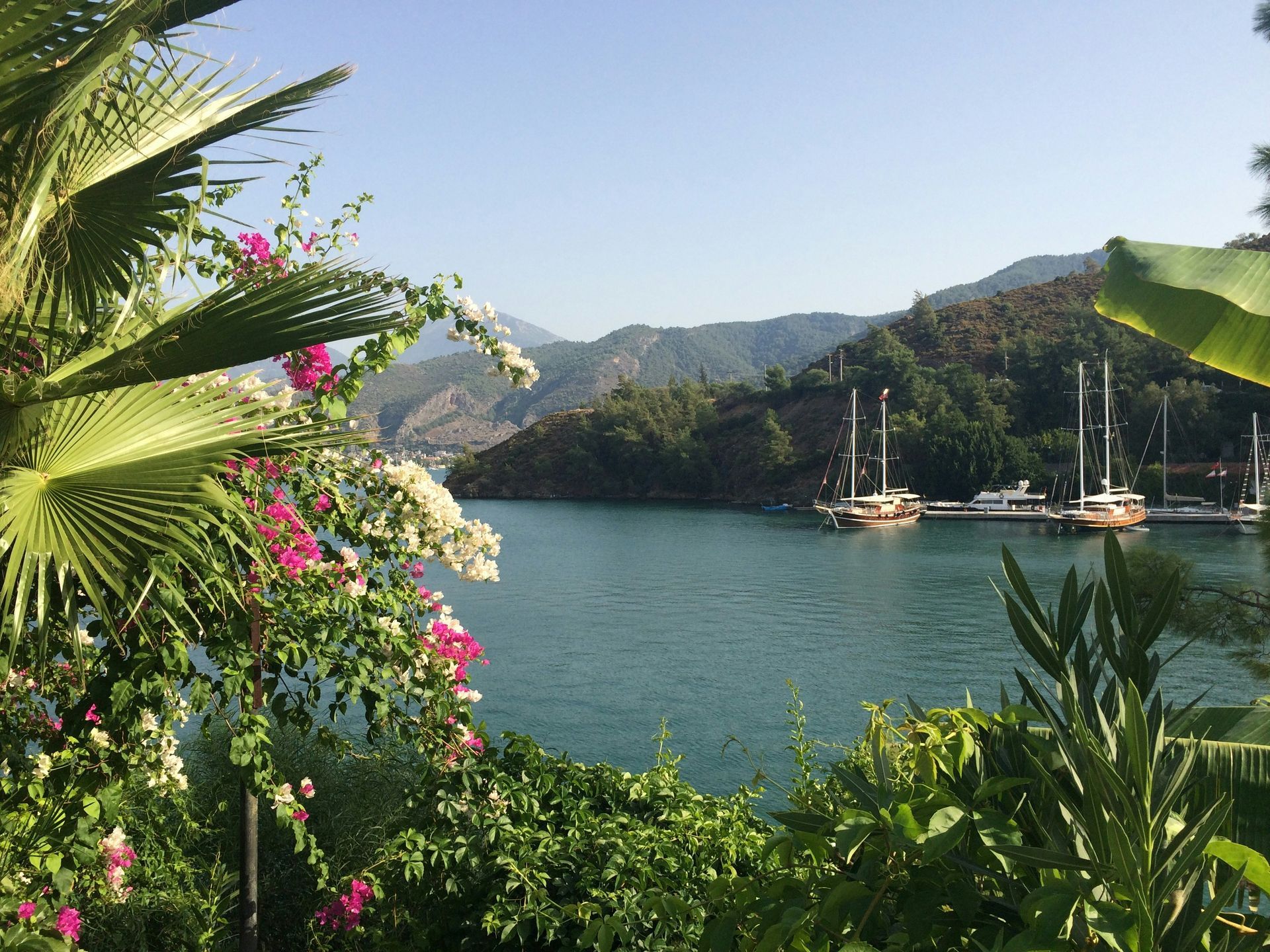 Bay with sailboats, lush greenery, pink and white flowers, mountains in Fethiye, Turkey.