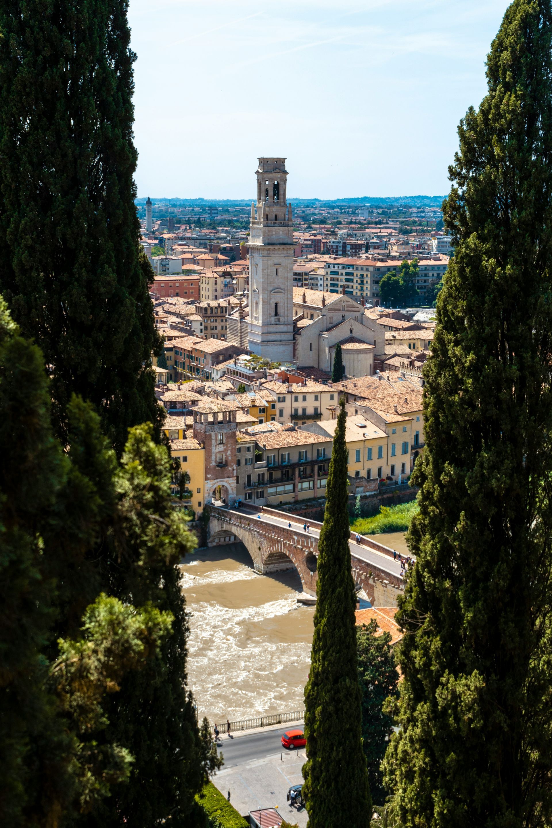 An aerial view of Verona, Italy surrounded by trees and a river.