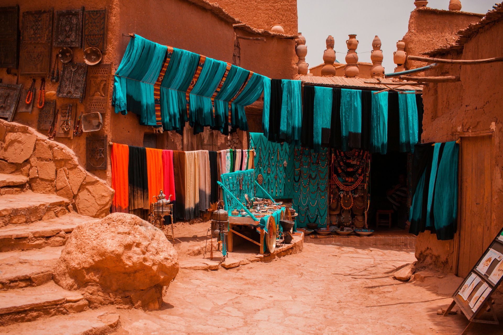A row of clothes hanging on a clothesline outside of a building in Marrakesh, Morocco.