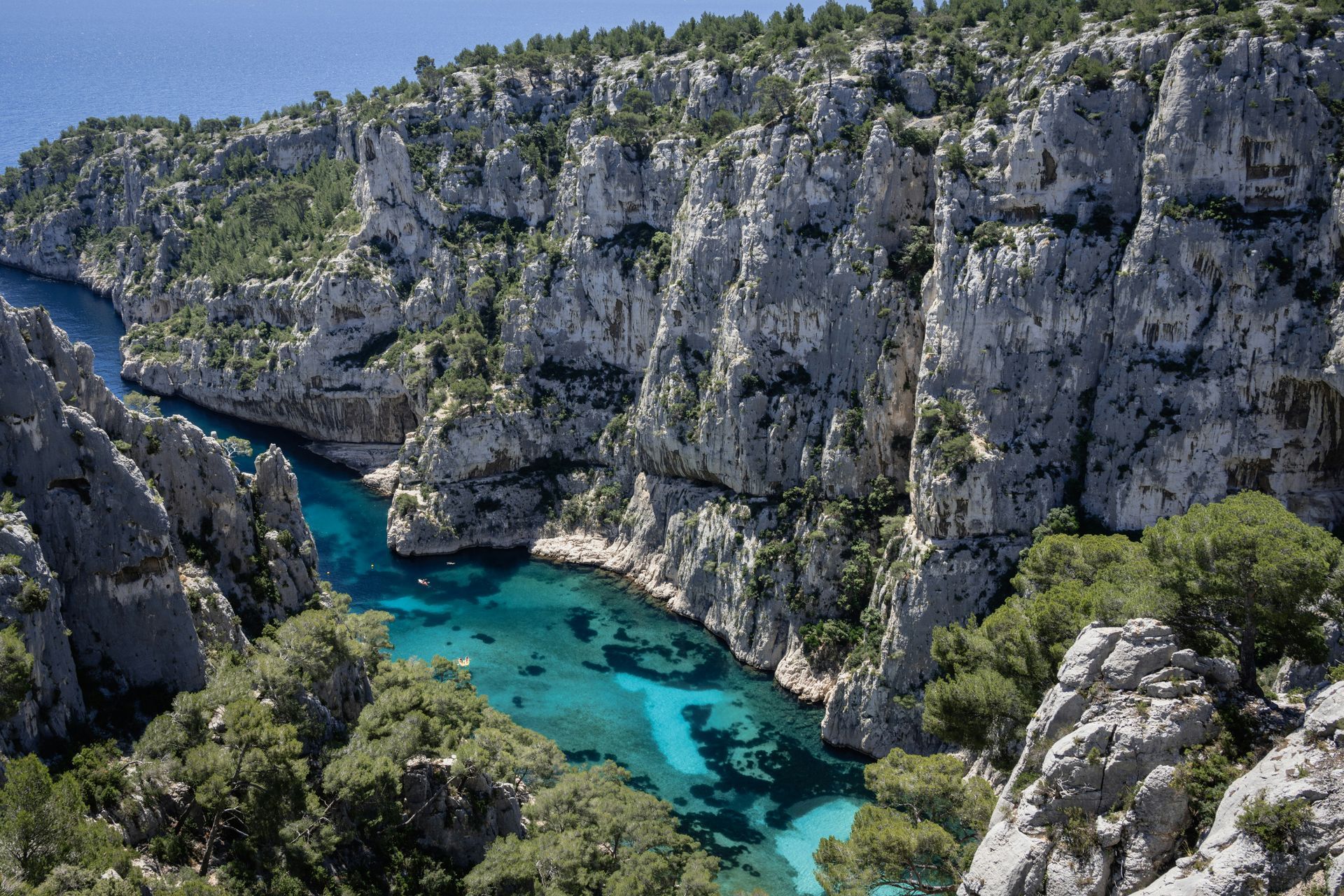 An aerial view of a cliff overlooking a body of water surrounded by trees at the Calanques in Cassis, France.