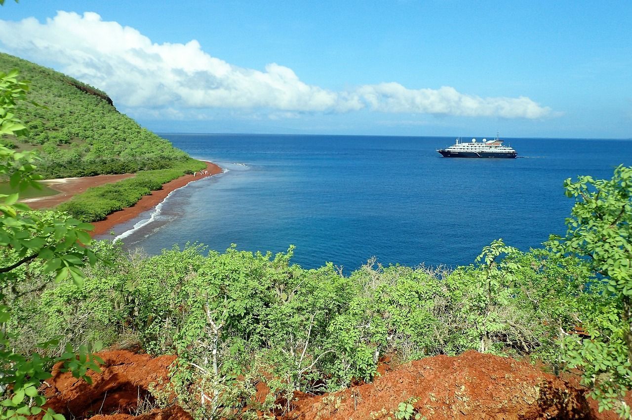  A boat is floating in the ocean near the Galapagos.