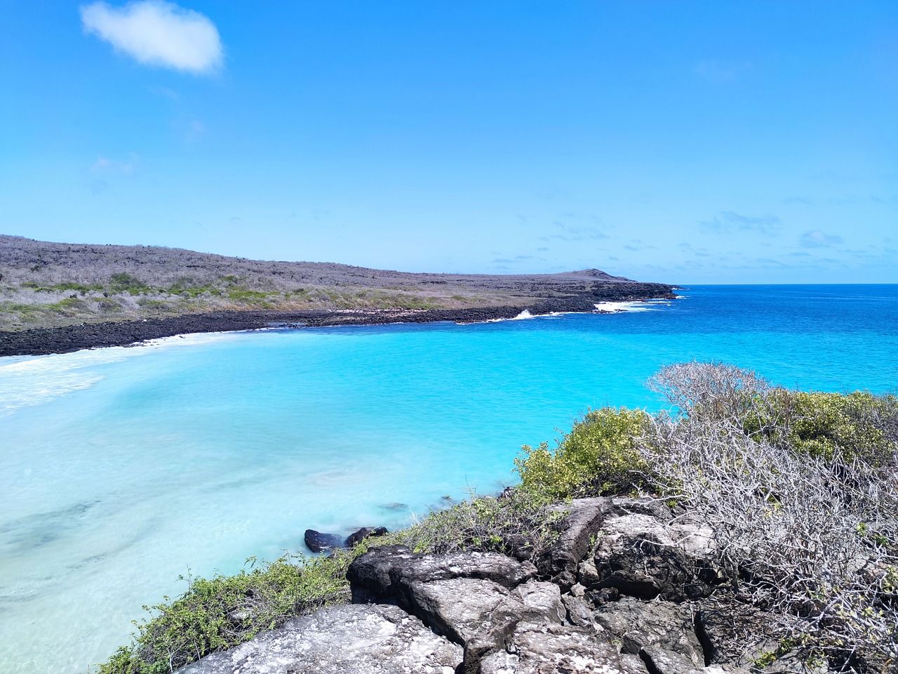 A view of a beach from a rocky cliff overlooking the ocean in the Galapagos.