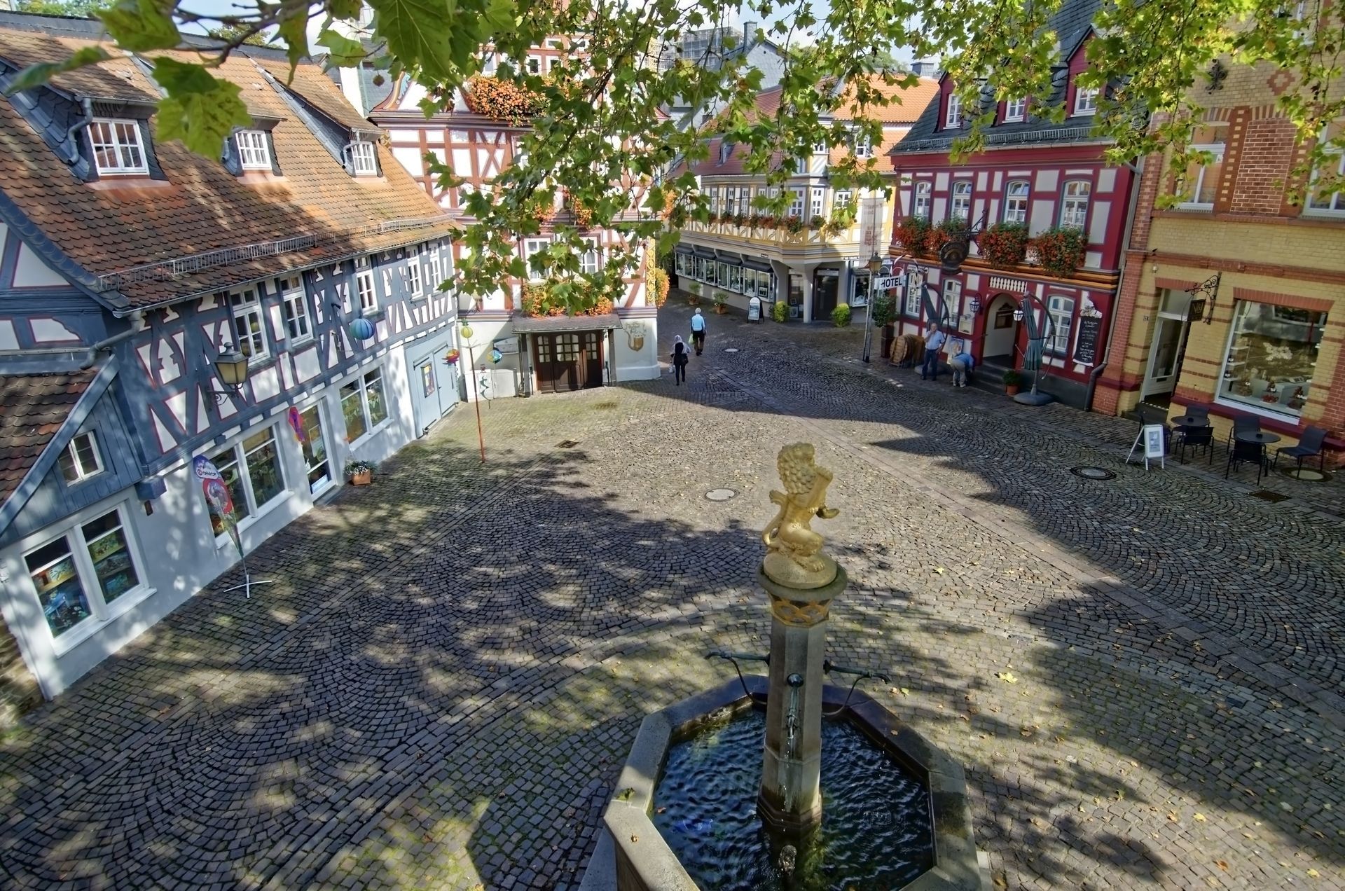 An aerial view of Idstein's town square with a fountain in the middle in Germany.