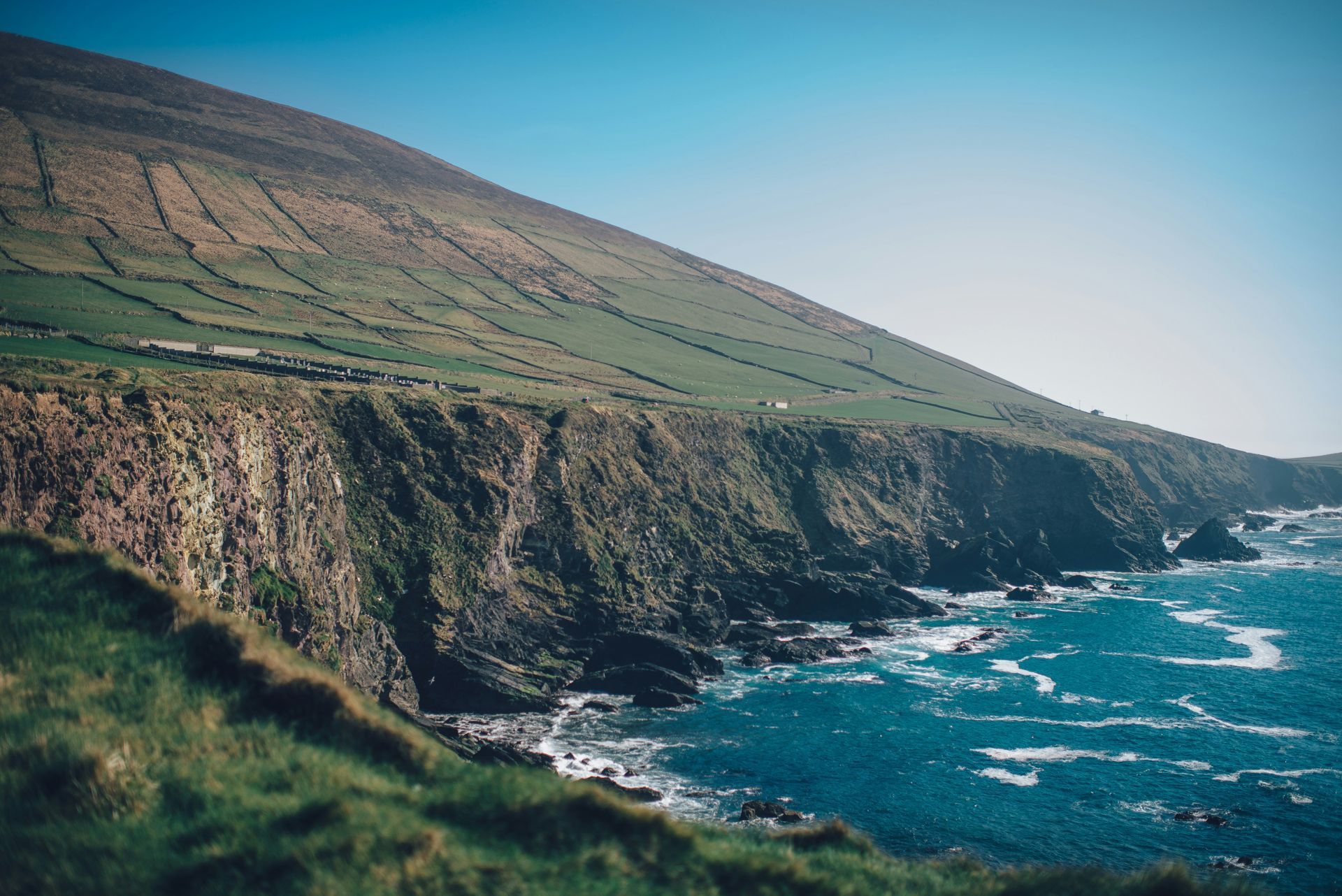 Coastal landscape with green hills, rocky cliffs, and blue ocean on the Ring of Kerry, Ireland.
