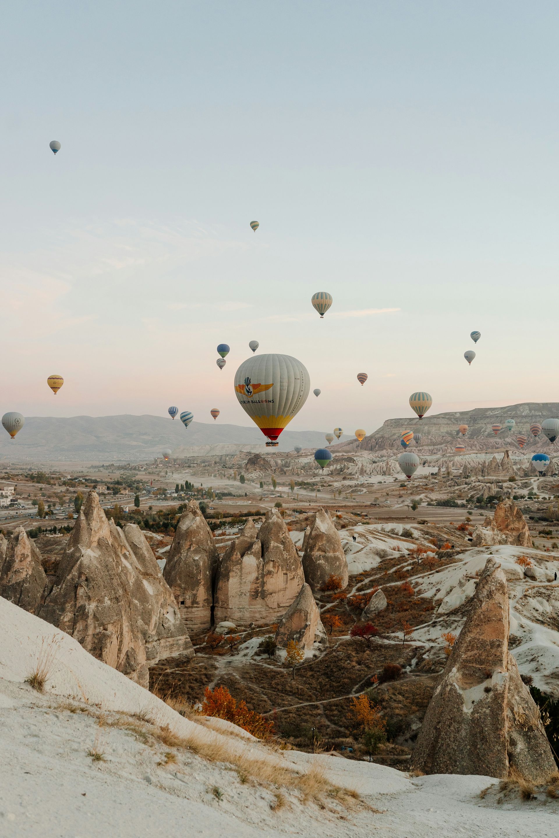 Hot air balloons floating over Cappadocia's rock formations under a pastel sky.