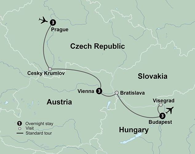 A map showing the route of Collette's Imperial Cities Tour through the Czech Republic, Austria, Slovakia, & Hungary