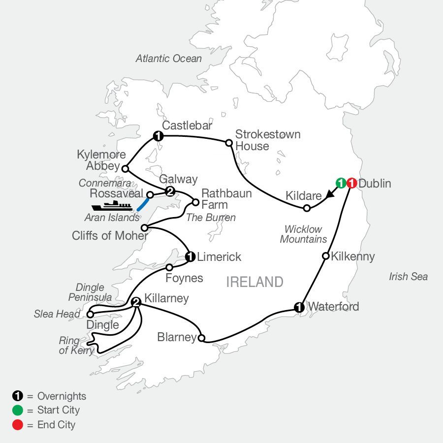 A map of ireland showing the route of a tour