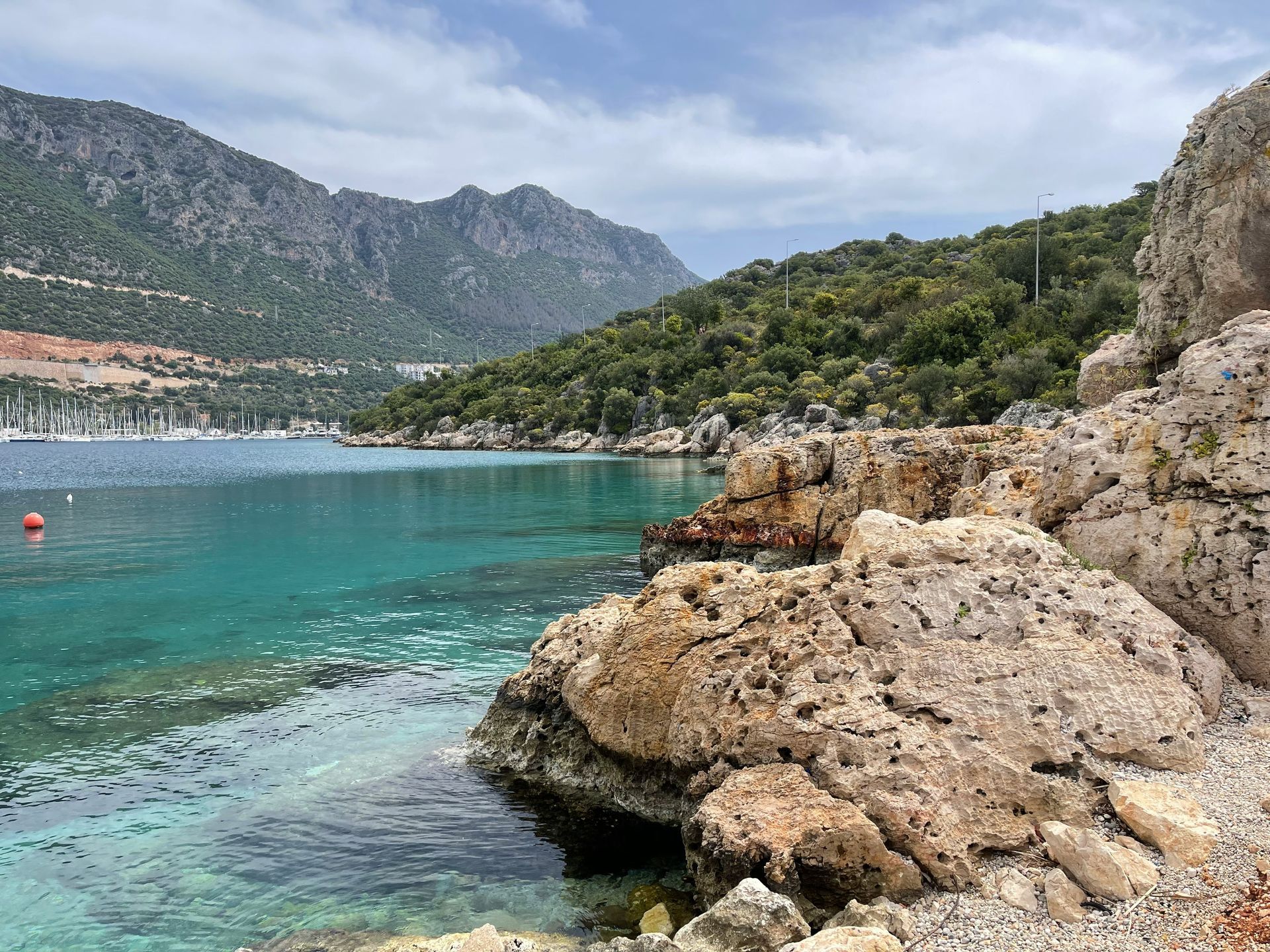 Rocky coastline with turquoise water, mountains, and trees in Kaş, Turkey.