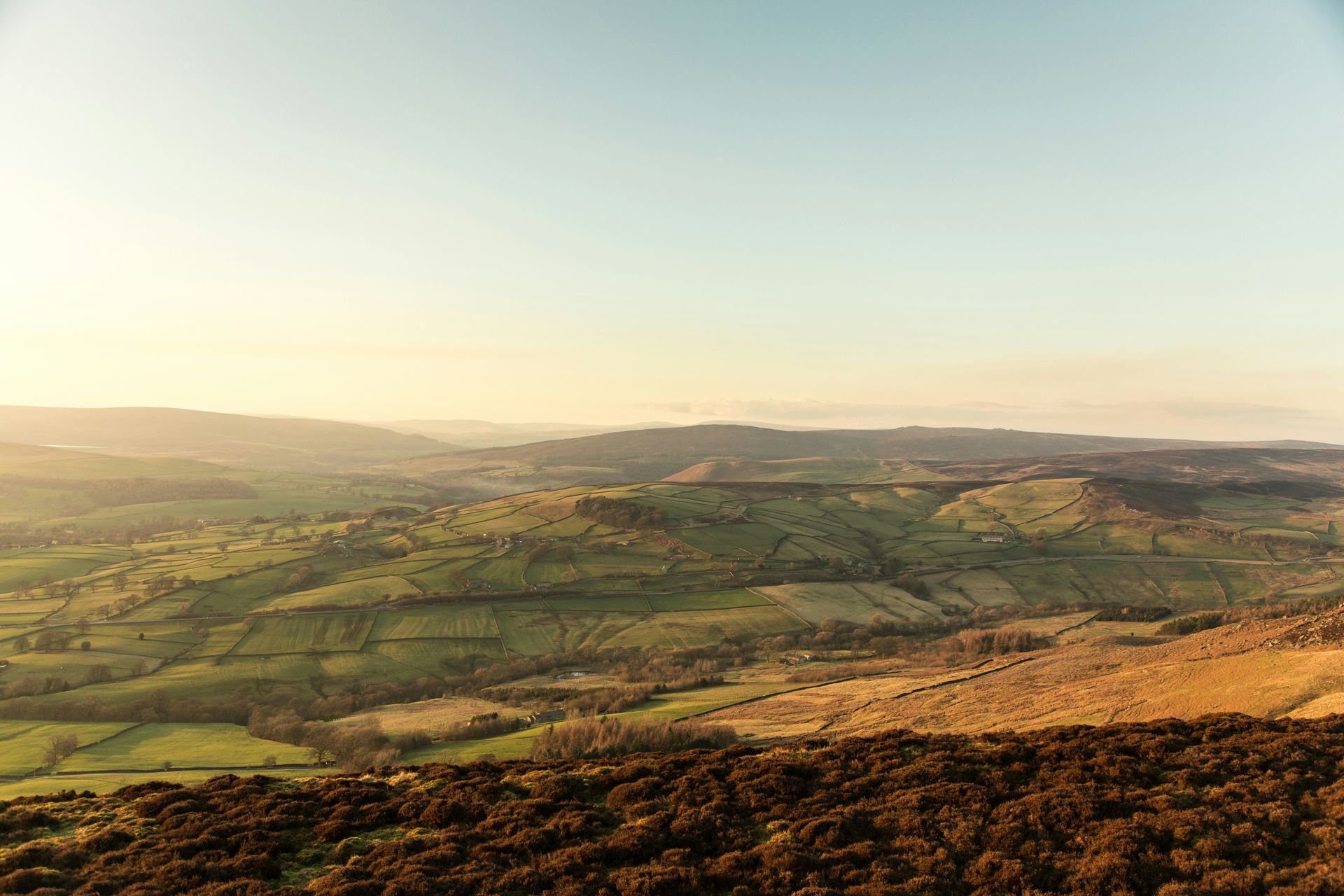 Rolling green hills and valleys under a soft, golden sunset in the Yorkshire Dales, England.