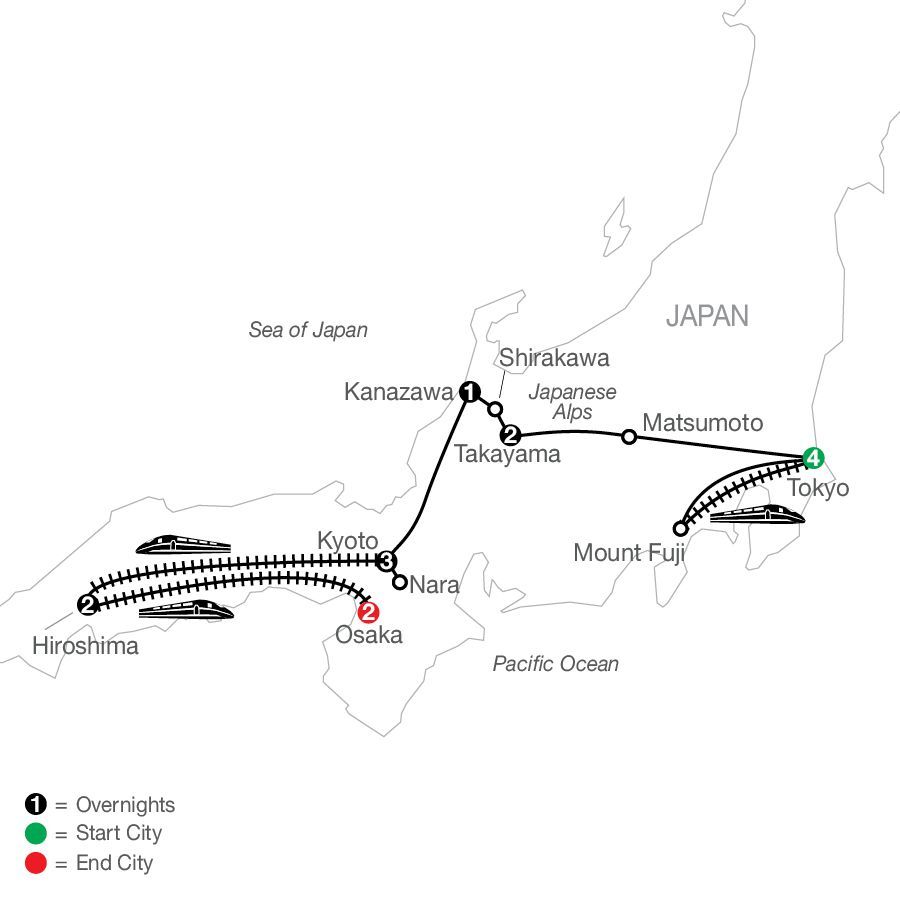 A map of japan showing the route of the train.