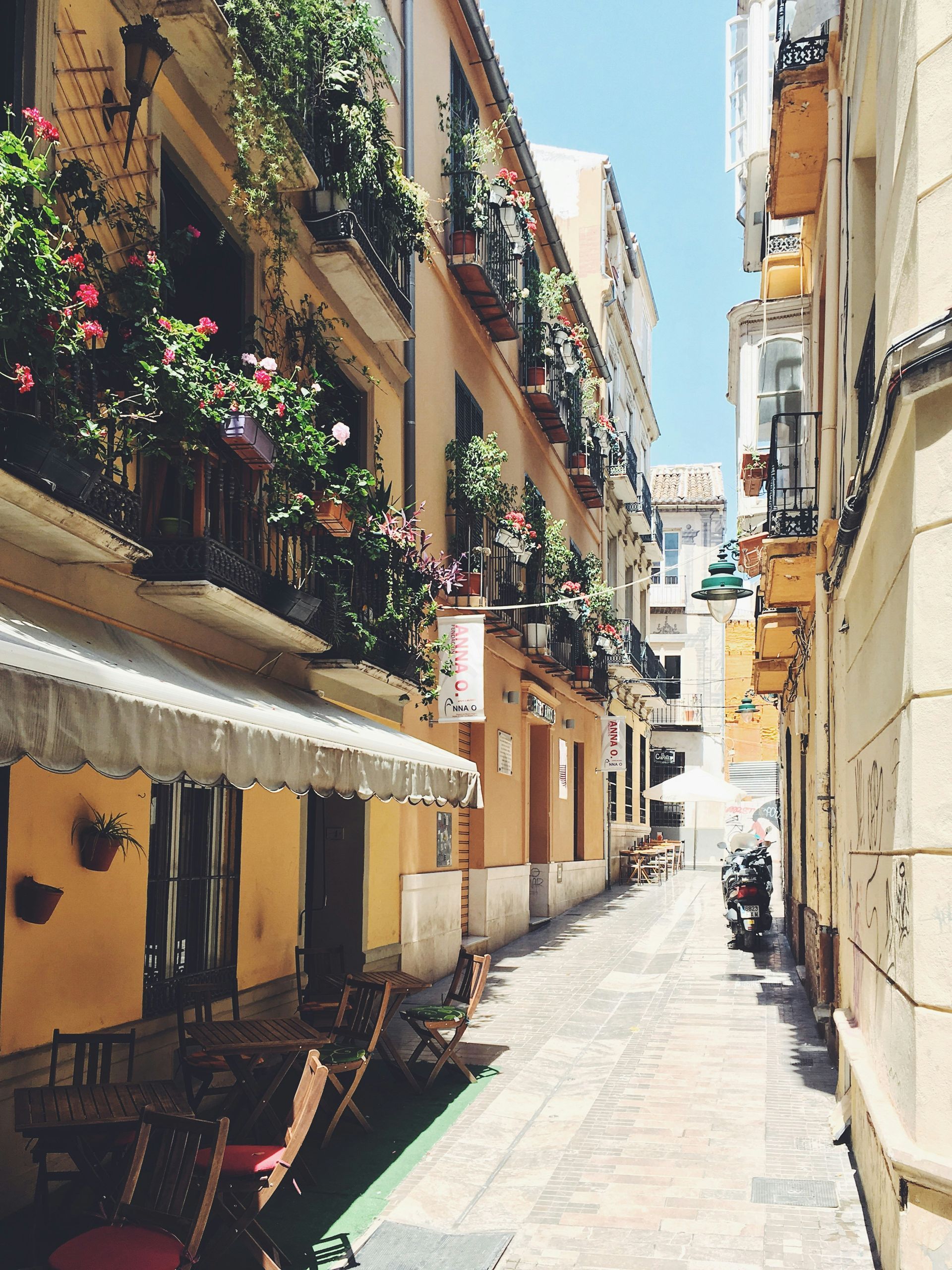 Narrow street lined with balconies overflowing with flowers and a cafe on the left in Málaga, Spain.