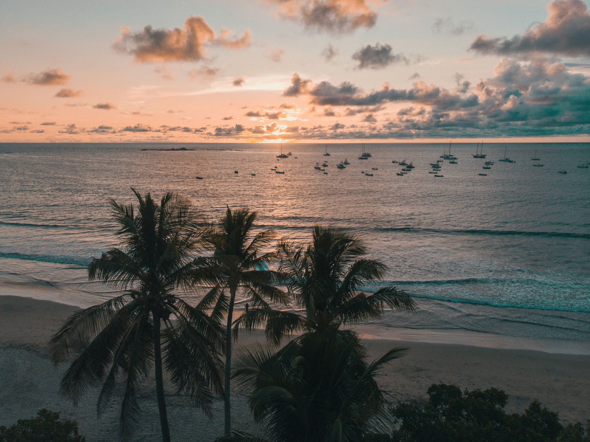 Sunset over the ocean with palm trees in the foreground. Boats are scattered on the water in Tamarindo, Costa Rica.