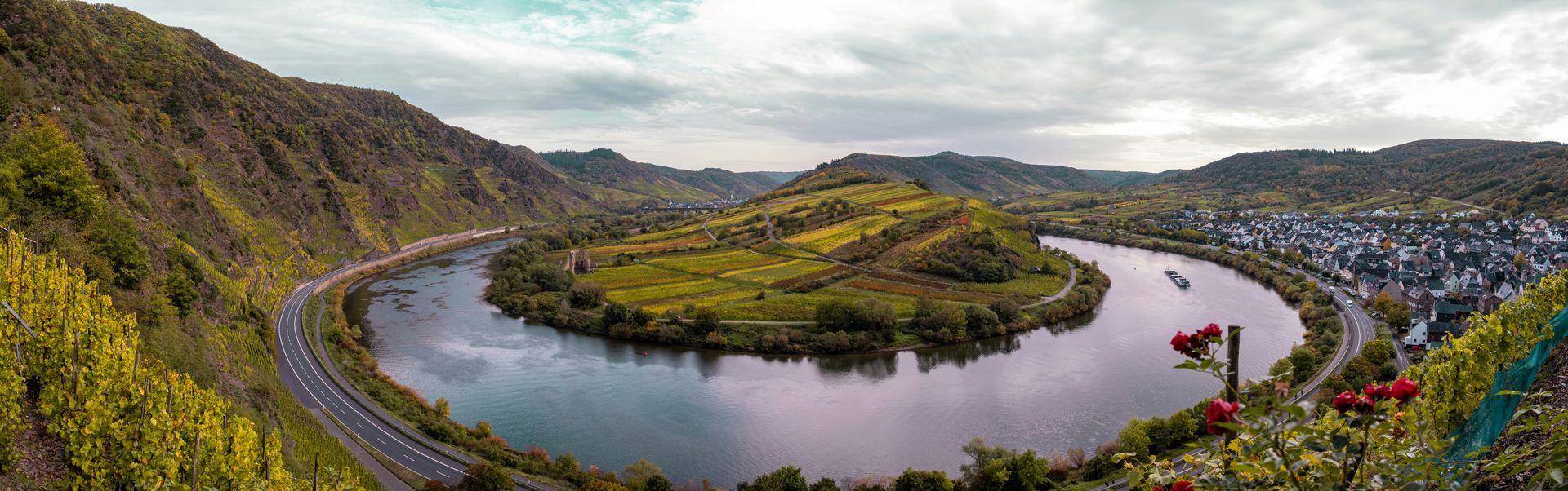 The Moselle River winding through green hills, with a road along its edge and a town on the right bank in Germany