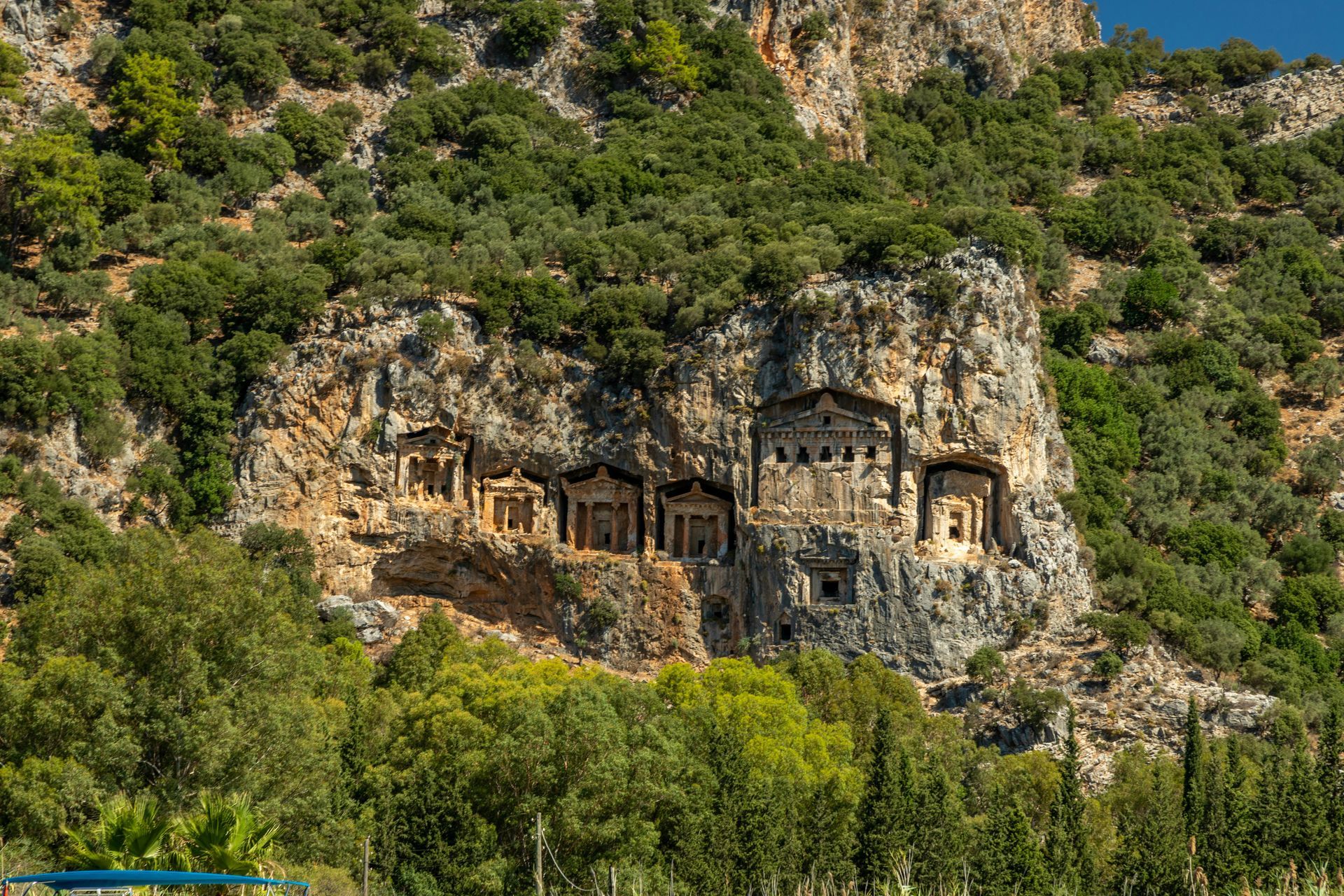 Rock-cut tombs carved into a cliffside, surrounded by green trees and foliage in Fethiye, Turkey.