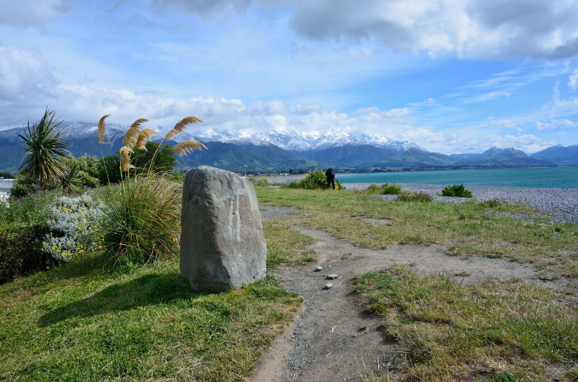 A large rock is sitting in the middle of a grassy field next to a body of water in Kaikōura, New Zealand.