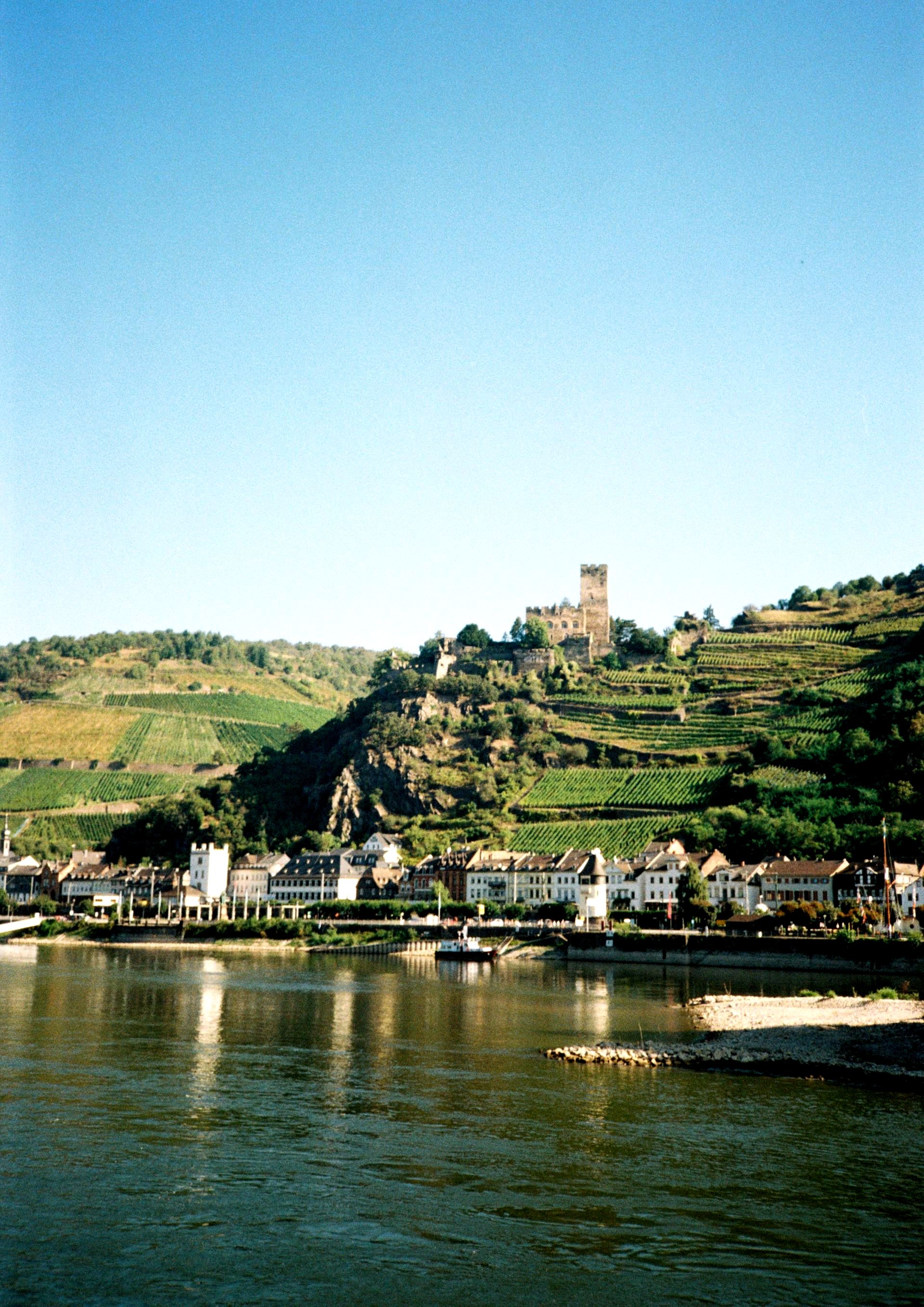 Town on the Rhine Gorge with castle on hillside, terraced vineyards, under a blue sky.