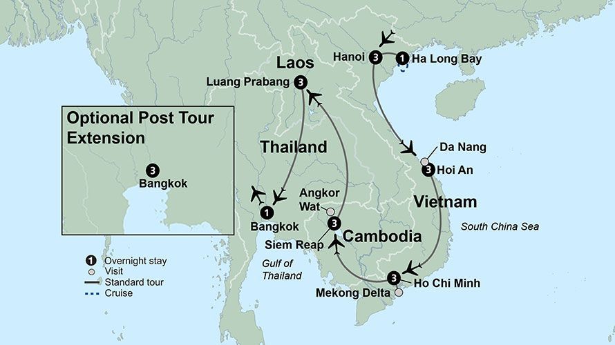 A map showing a post tour extension in thailand and vietnam