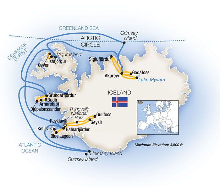 A map showing the route of Tauck's Iceland cruise.