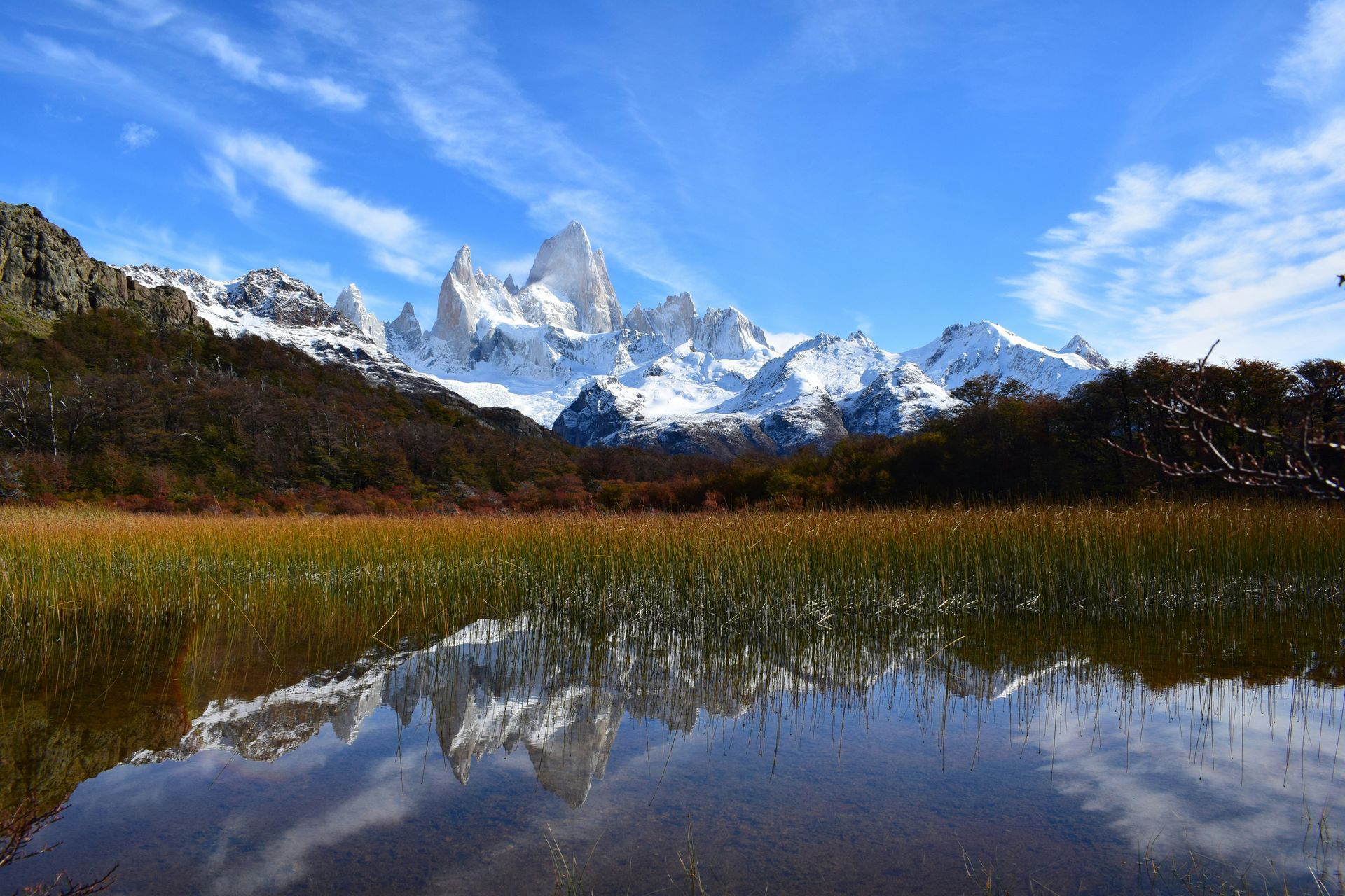 Snow-capped mountain range reflected in the water, with green and brown vegetation in El Chaltén, Argentina.