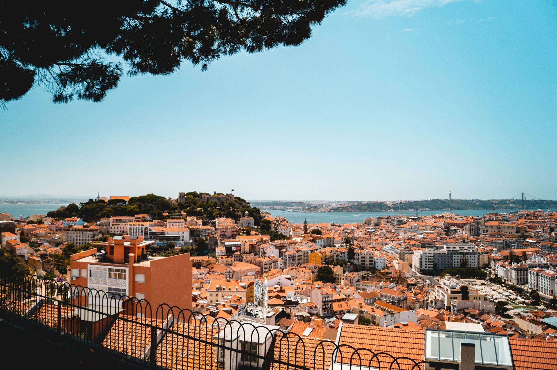 View of Lisbon, Portugal, with red rooftops, buildings, and the Tagus River under a blue sky.
