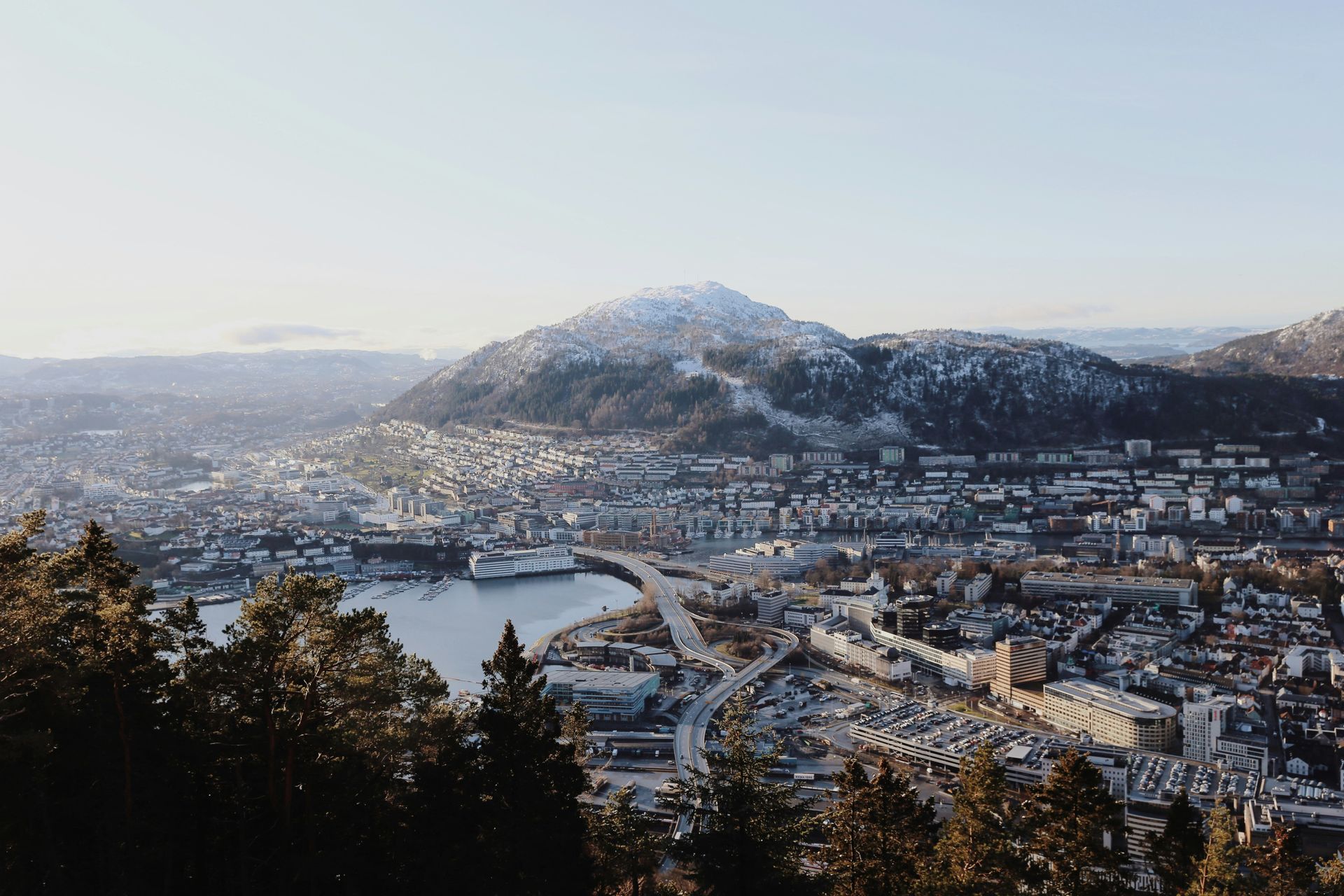Bergen, Norway with a snow-capped mountain, trees in the foreground, and sunlight.