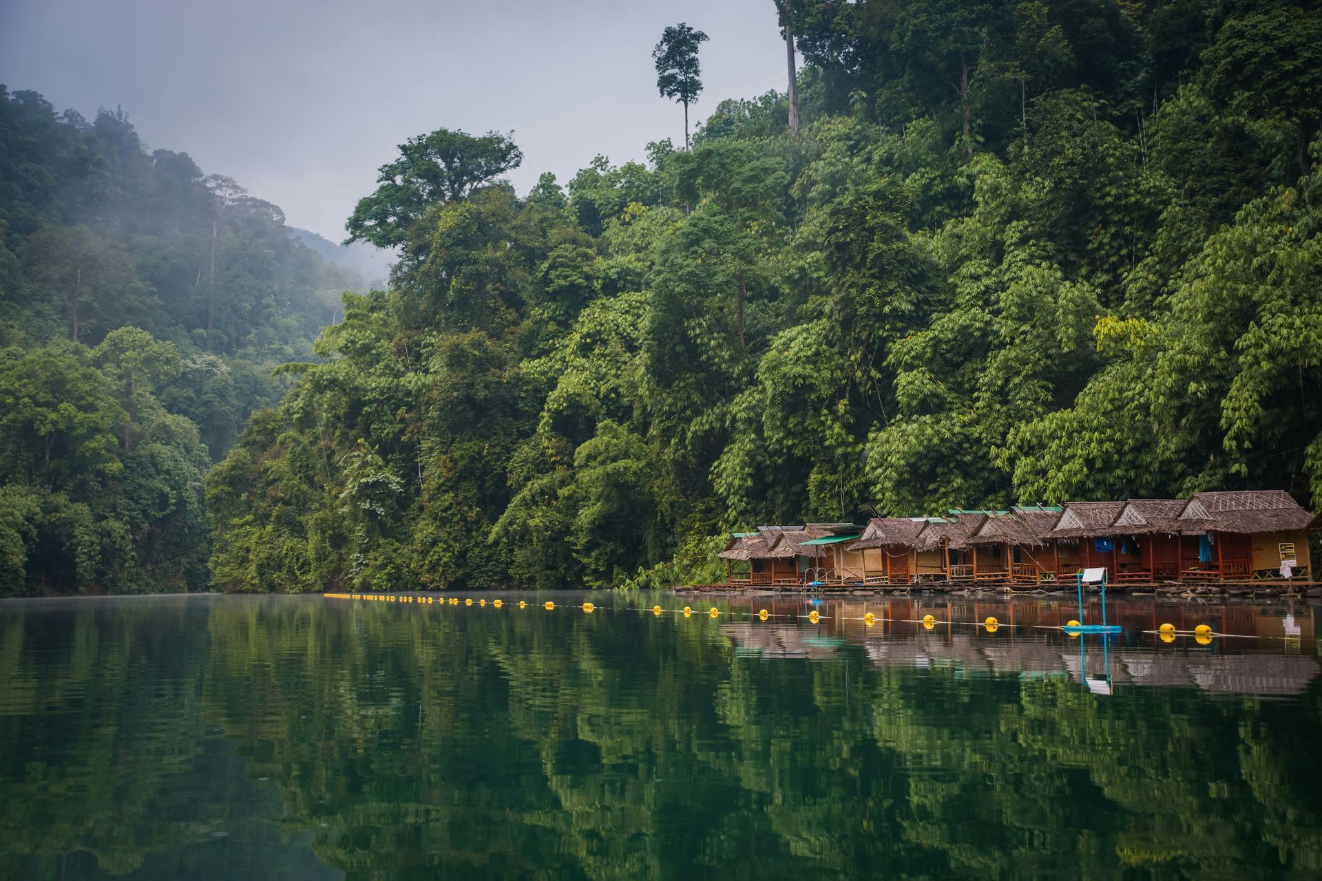 A lake surrounded by trees and huts in the middle on the water in Khao Sok National Park. Thailand.