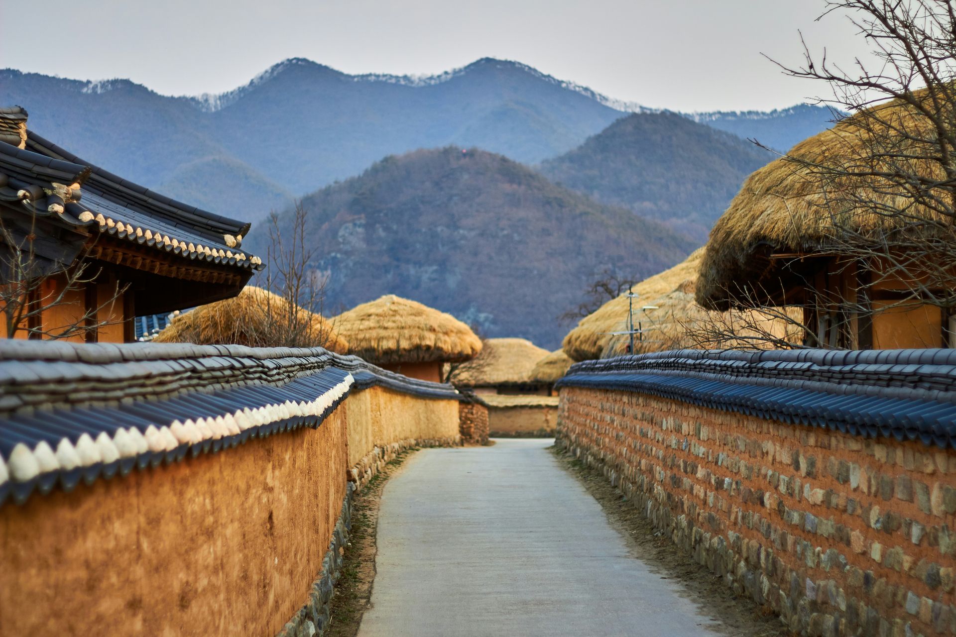 A pathway through Andong Hahoe Folk Village with thatched roofs and mountains in the background.