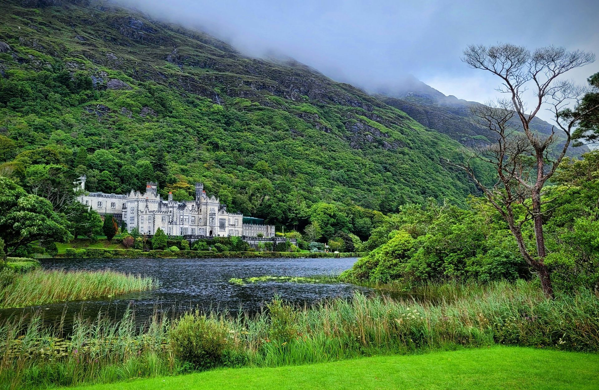 The Kylemore Abbey castle on a lake surrounded by green foliage and a mountainous background in Connemara, Ireland.