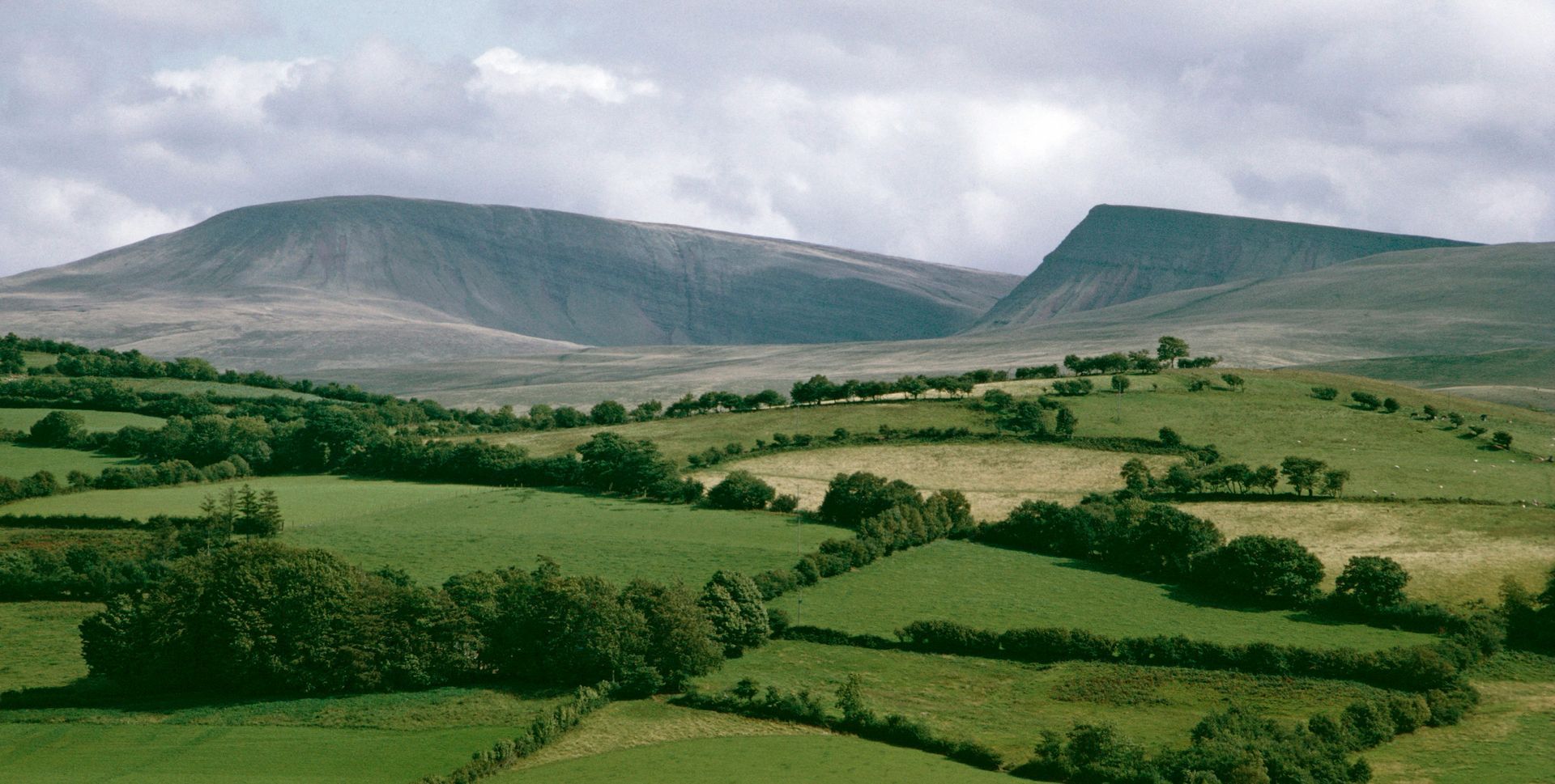 Rolling green fields with hedgerows, leading to a mountain range under a cloudy sky in the Brecon Beacons, Wales.