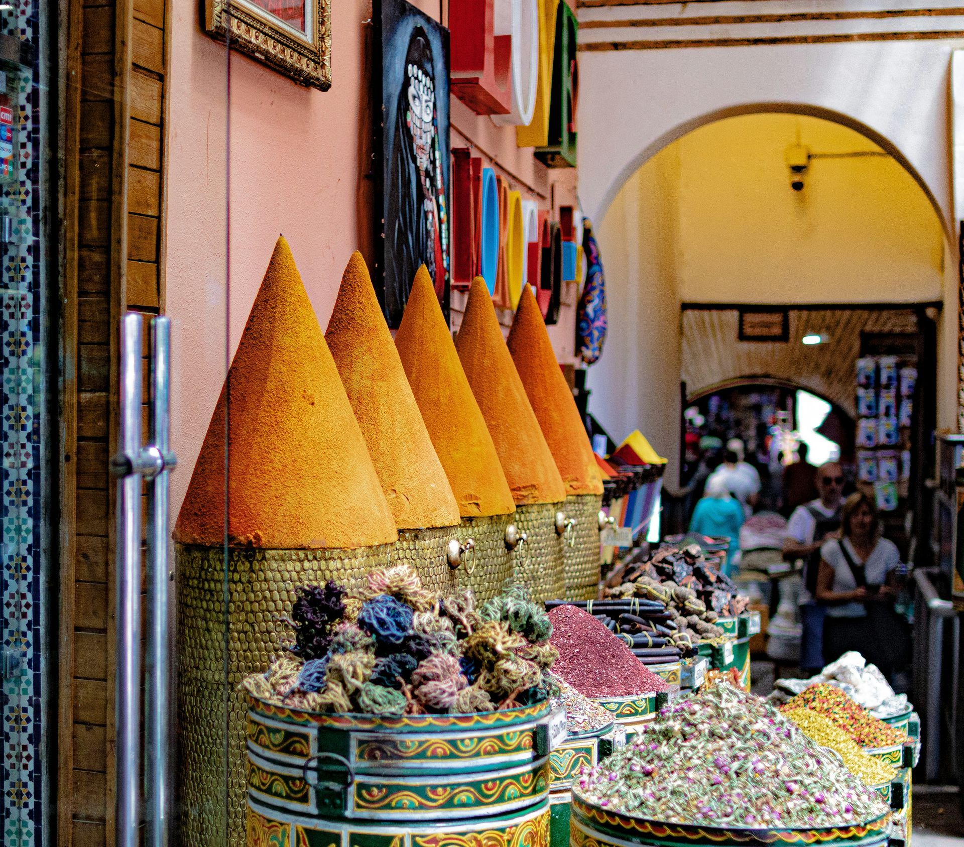 A store filled with lots of different types of spices in Marrakesh, Morocco.